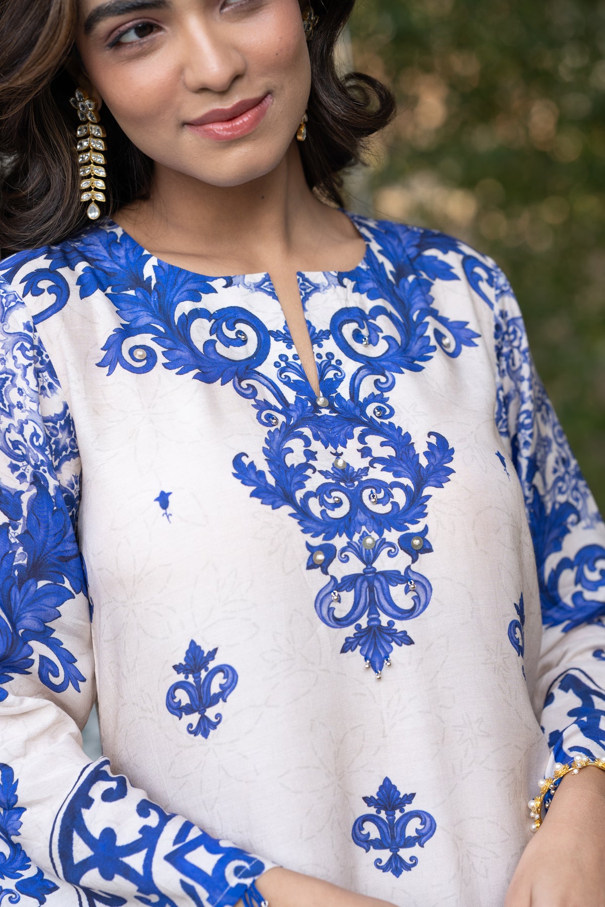 Off White with Blue Buti Print Muslin Kurta Set