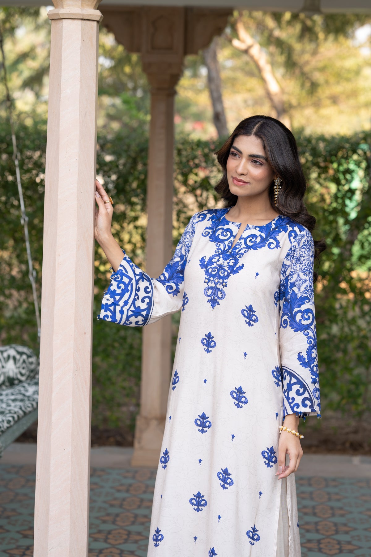 Off White with Blue Buti Print Muslin Kurta Set