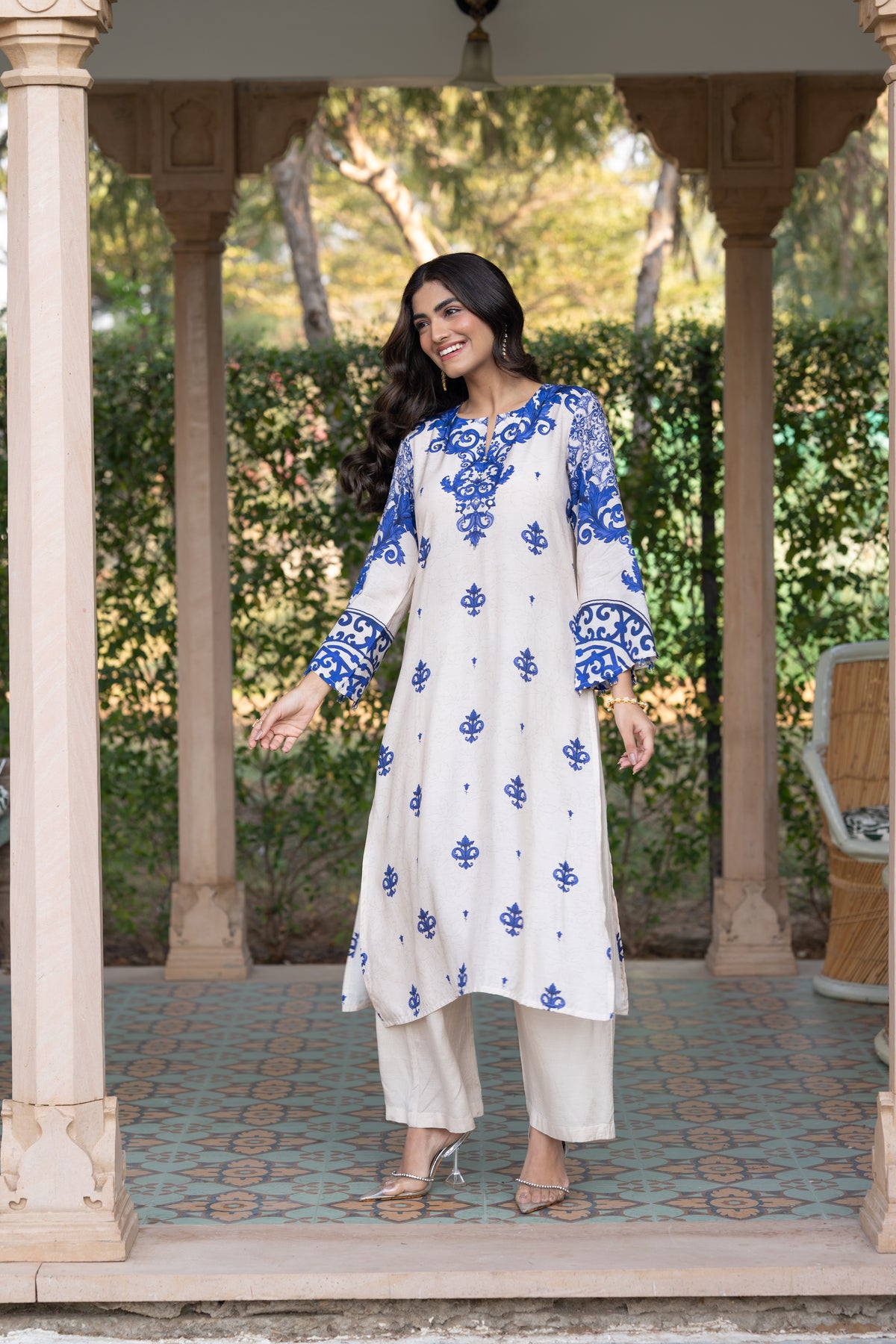Off White with Blue Buti Print Muslin Kurta Set