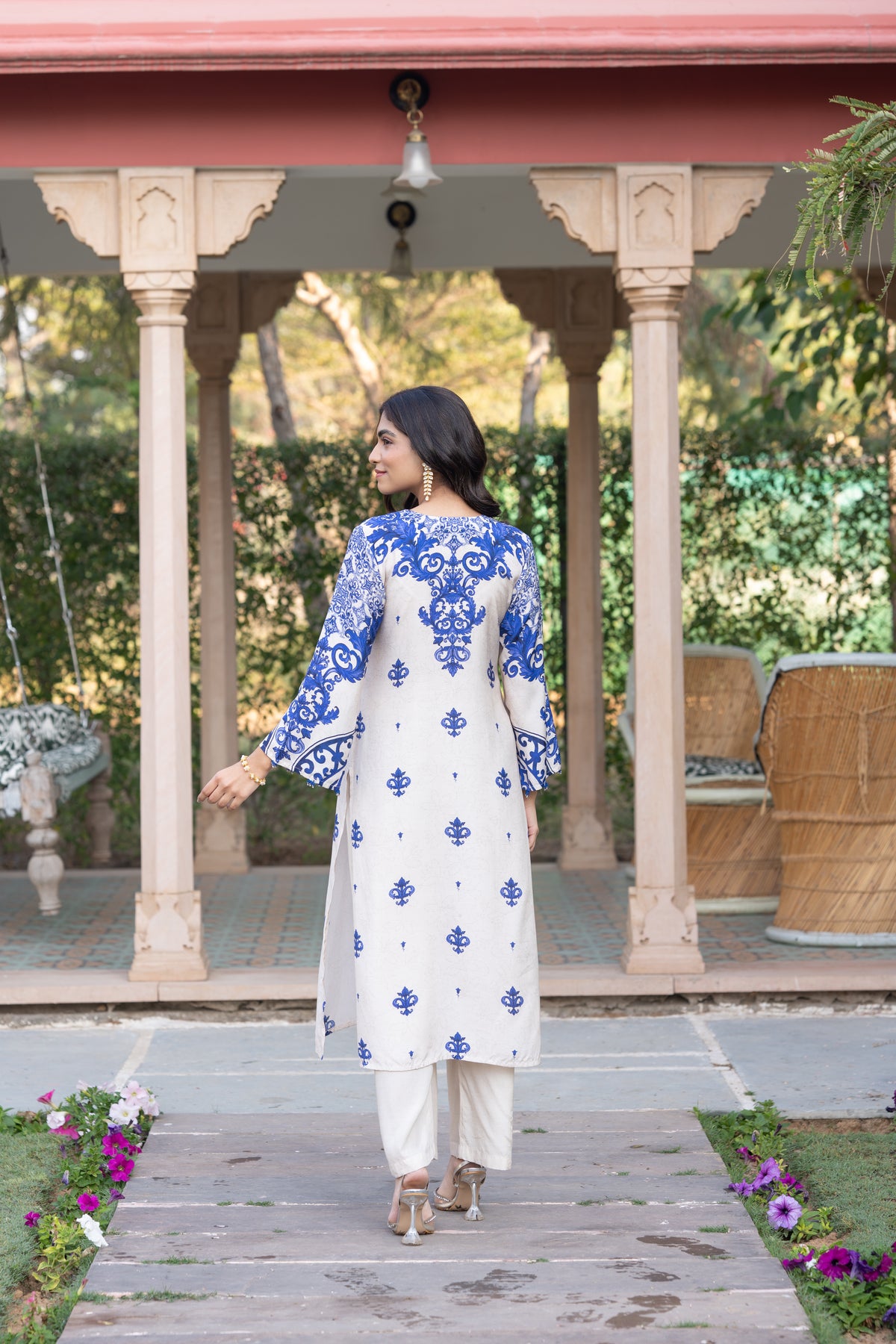 Off White with Blue Buti Print Muslin Kurta Set