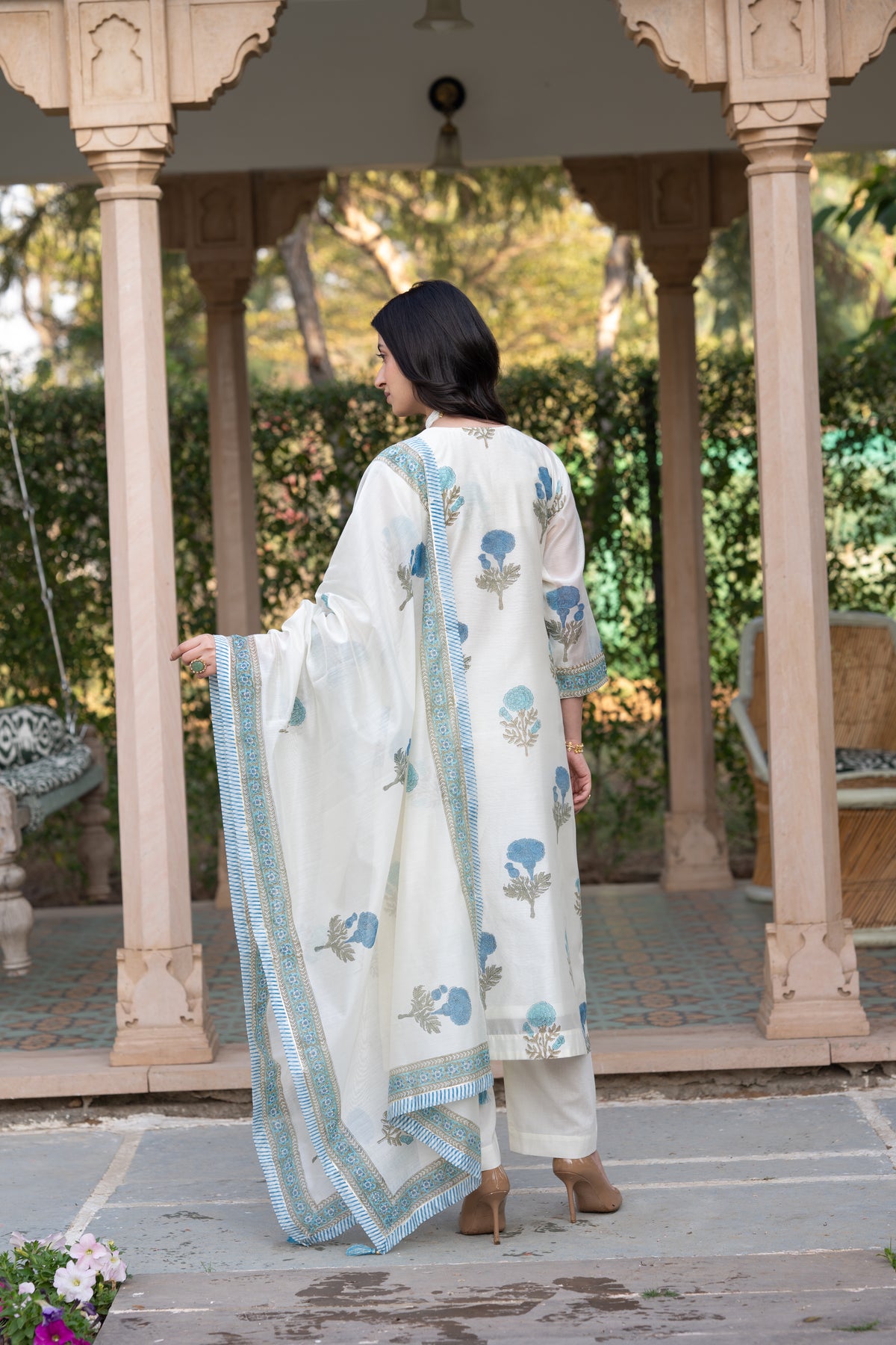 Off White with Blue Mughal Block Print Chanderi Suit