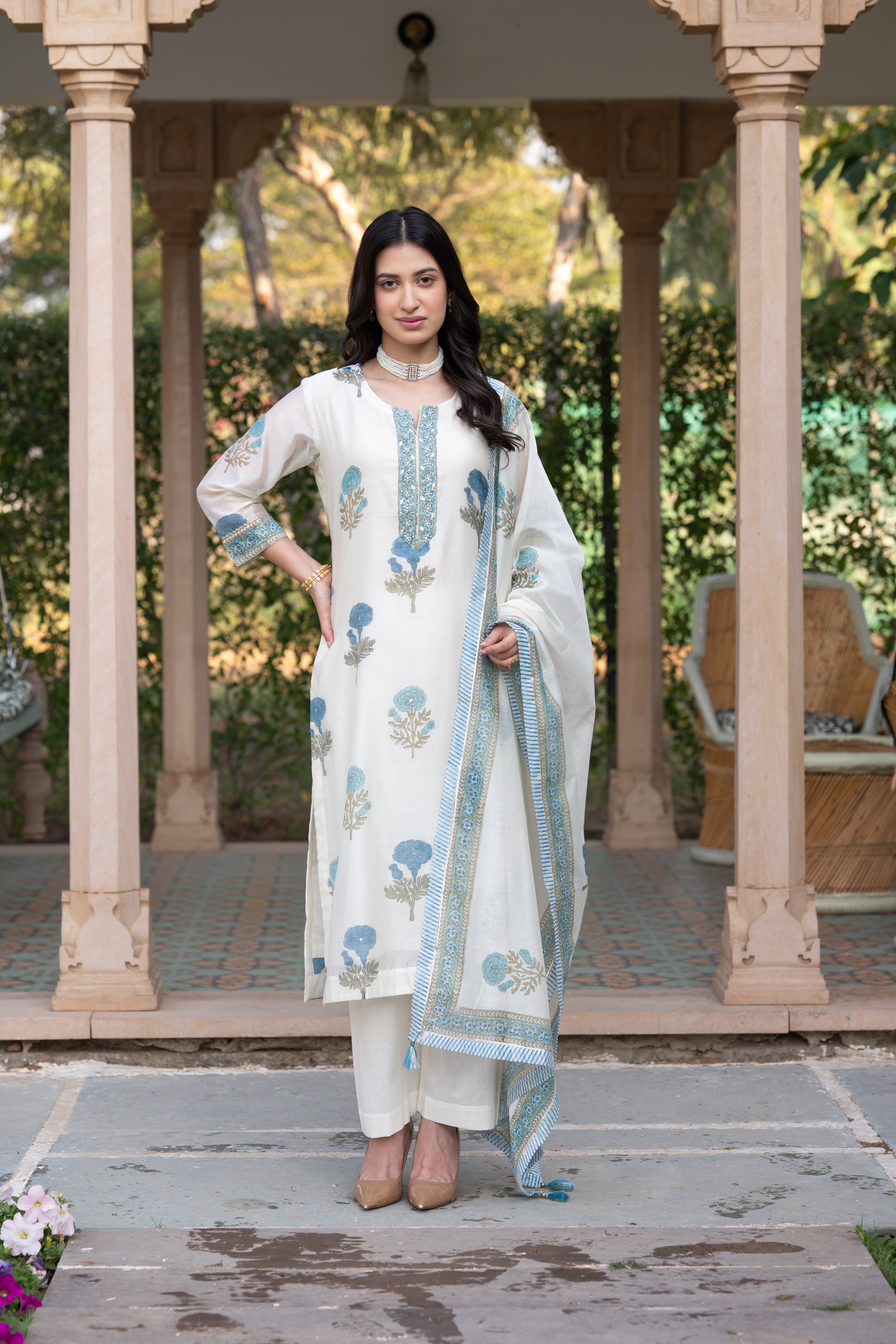 Off White with Blue Mughal Block Print Chanderi Suit