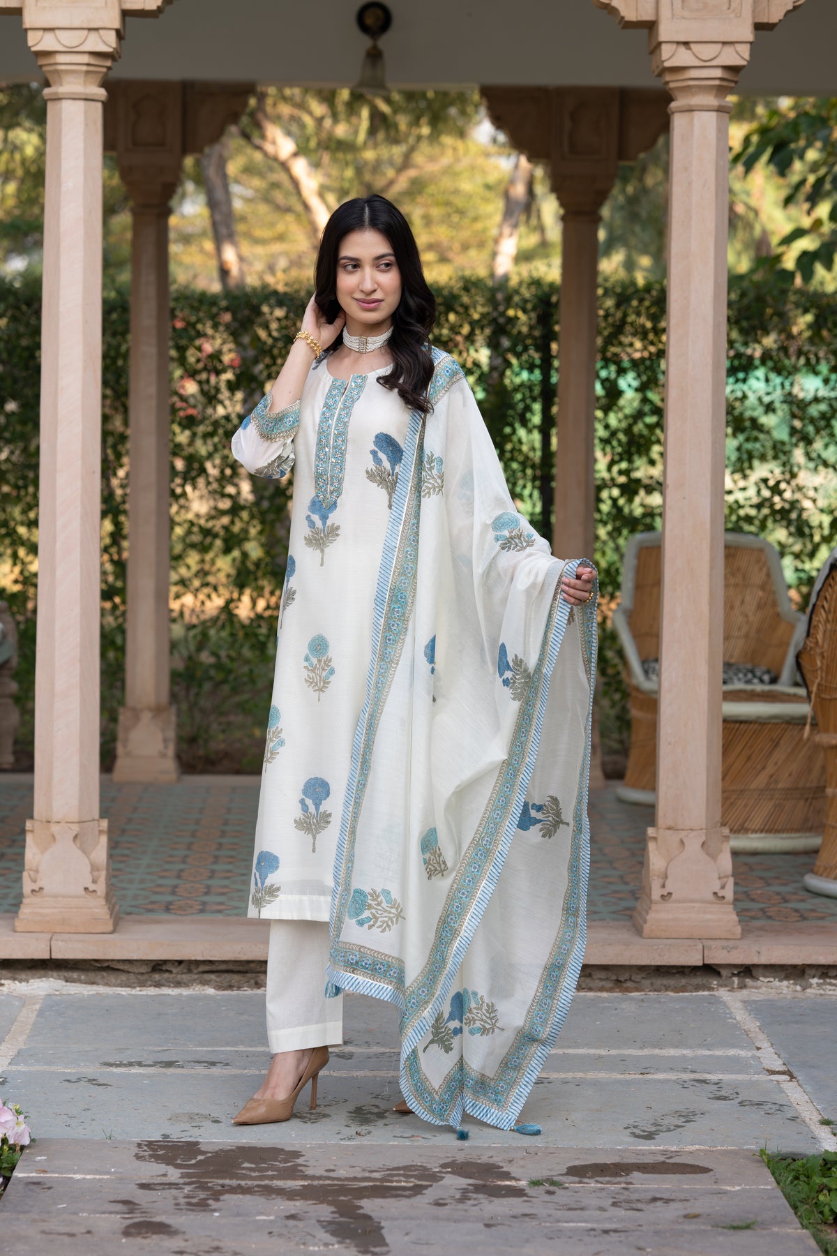 Off White with Blue Mughal Block Print Chanderi Suit