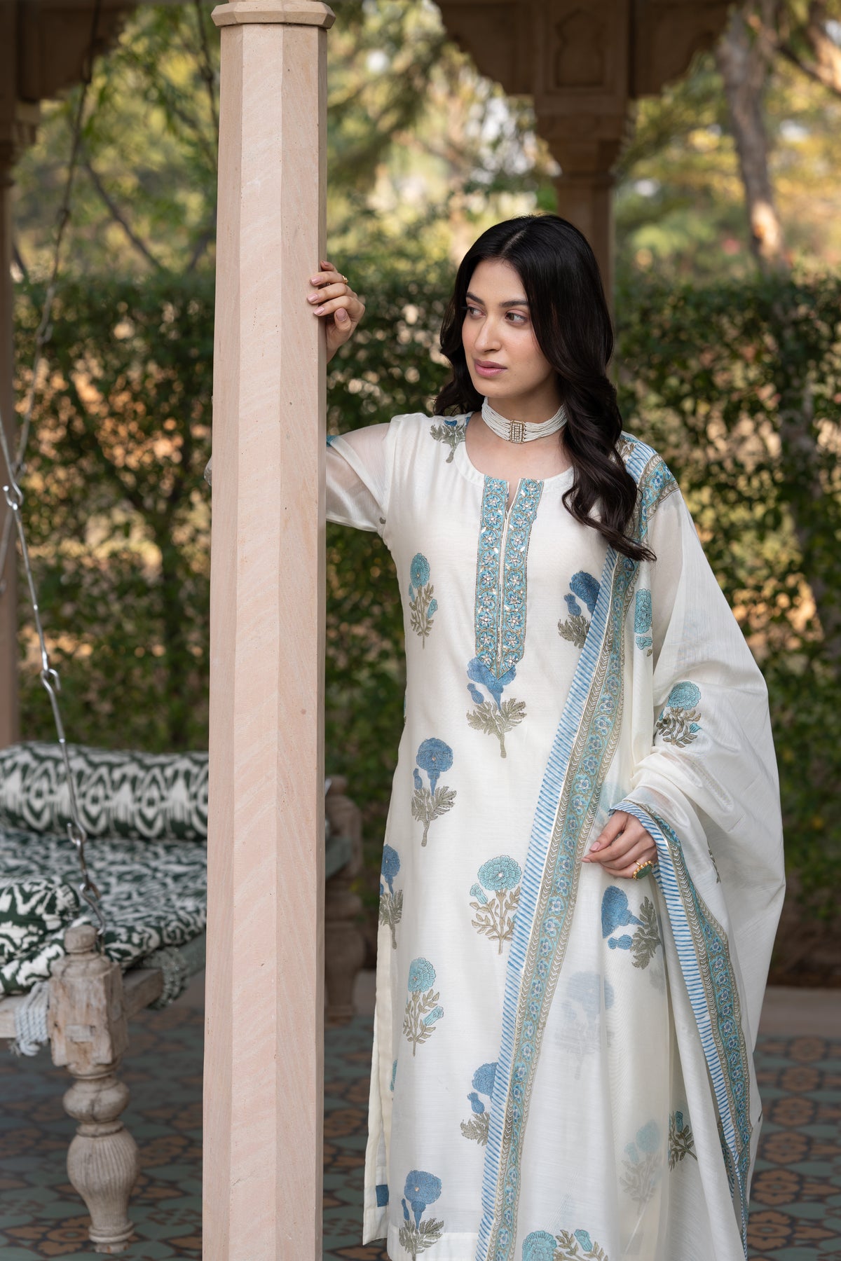 Off White with Blue Mughal Block Print Chanderi Suit