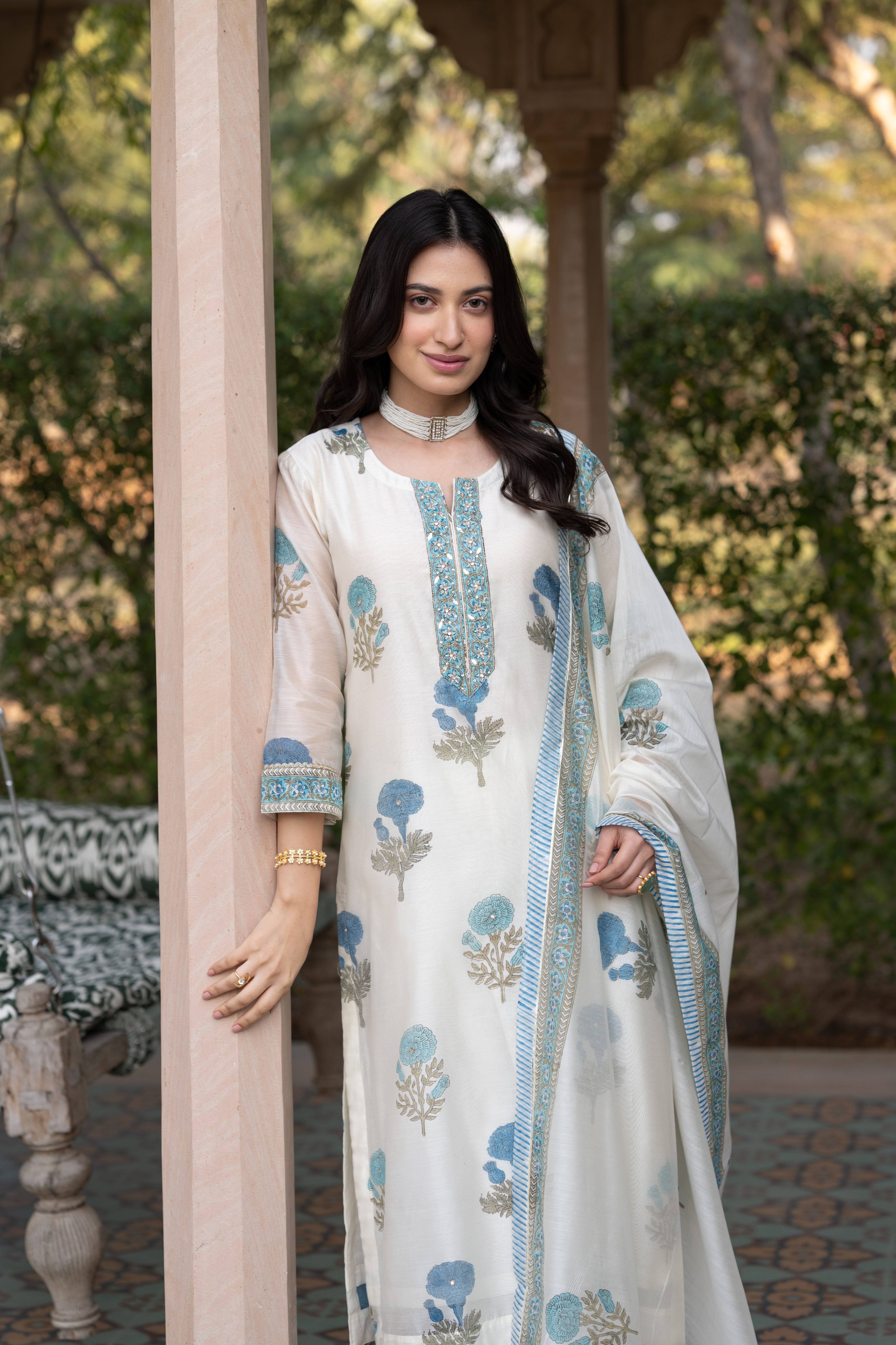 Off White with Blue Mughal Block Print Chanderi Suit