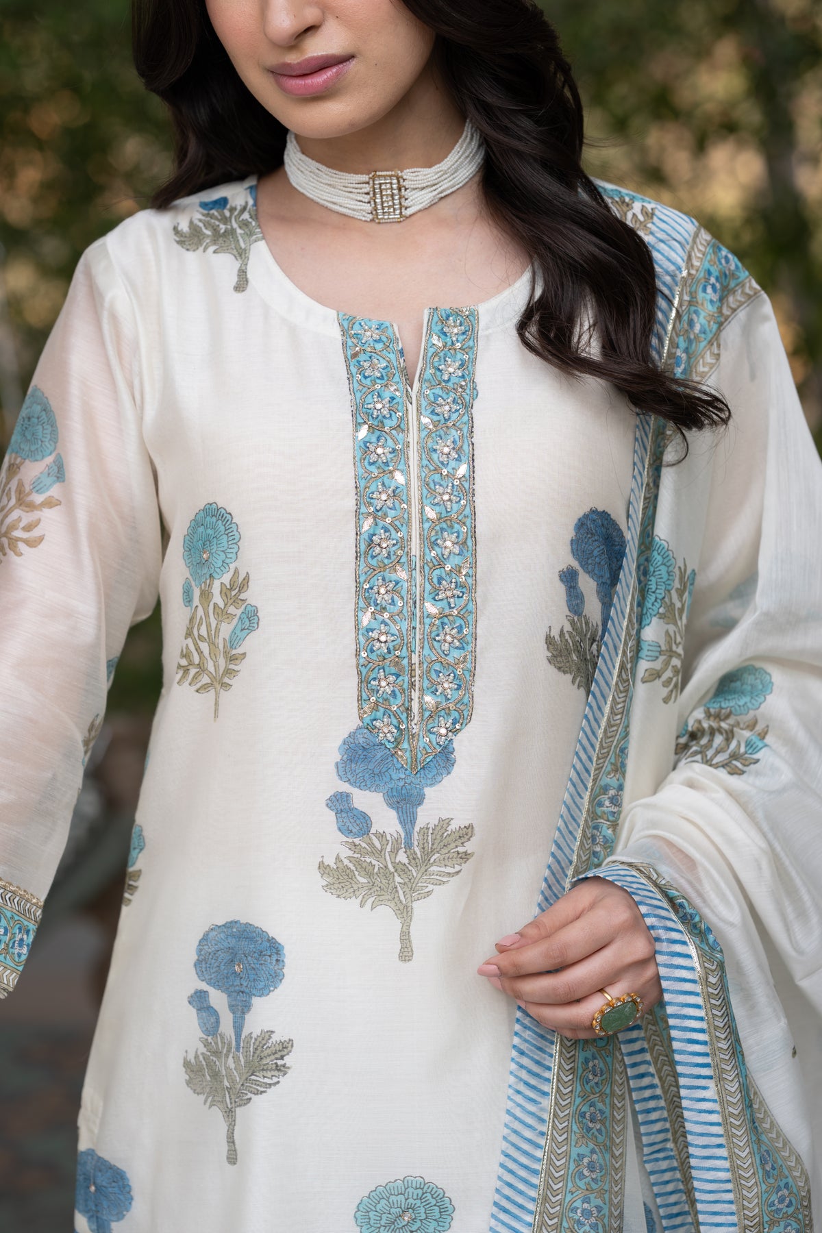 Off White with Blue Mughal Block Print Chanderi Suit