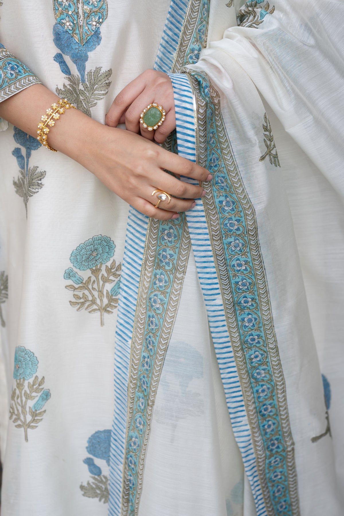 Off White with Blue Mughal Block Print Chanderi Suit