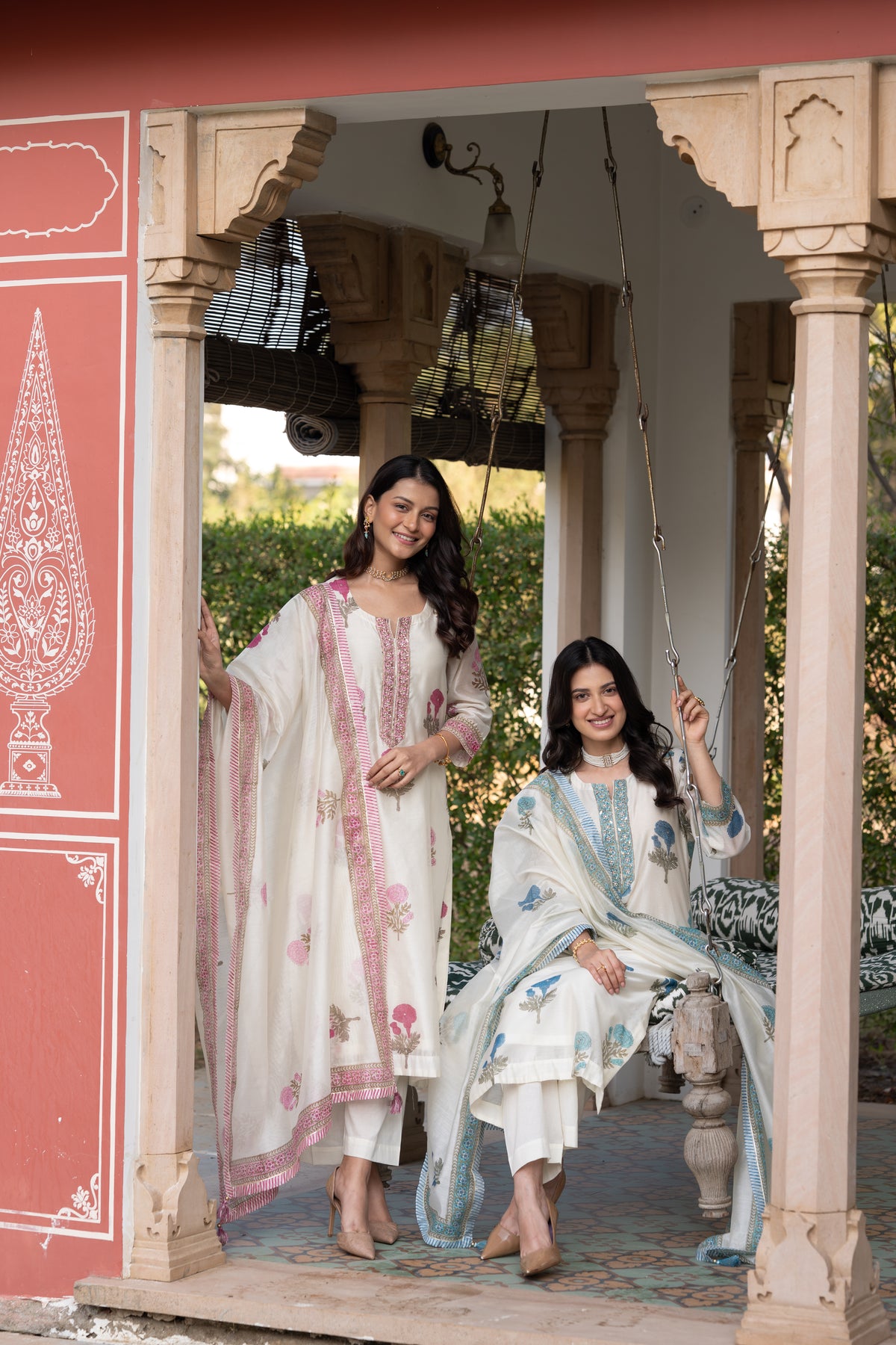 Off White with Blue Mughal Block Print Chanderi Suit