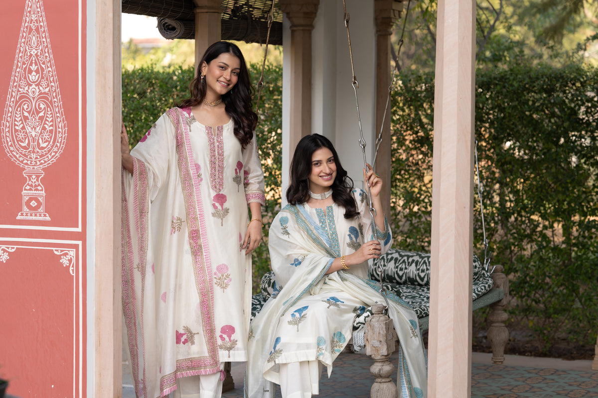Off white with pink Mughal block print chanderi suit