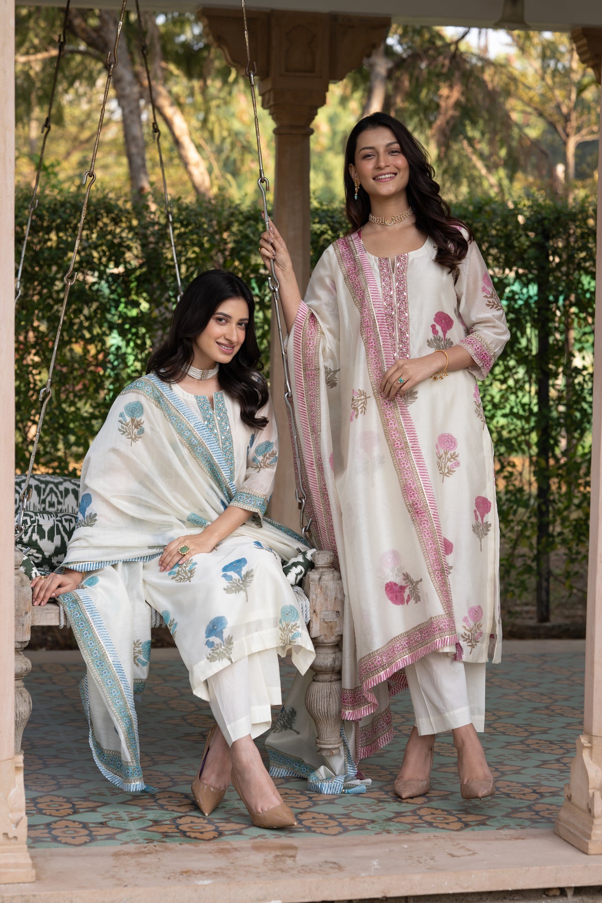 Off white with pink Mughal block print chanderi suit