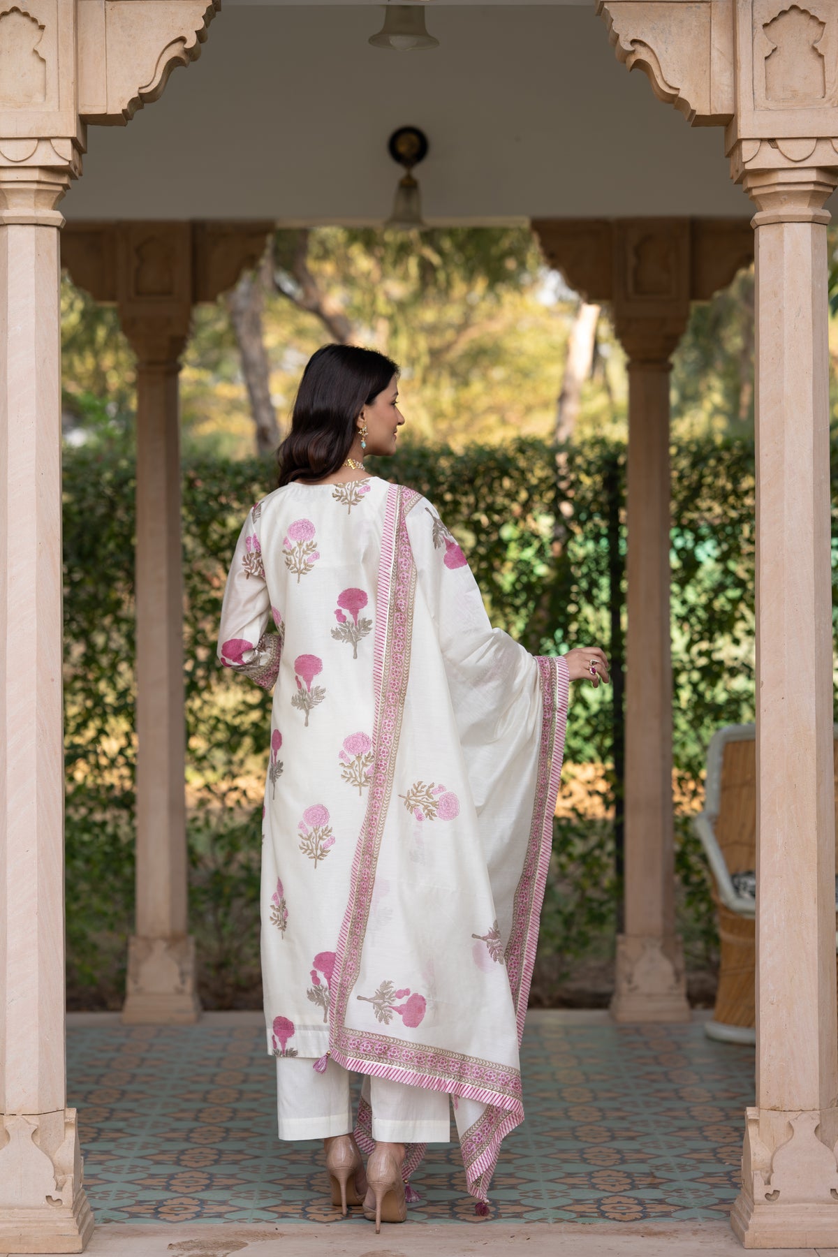 Off white with pink Mughal block print chanderi suit