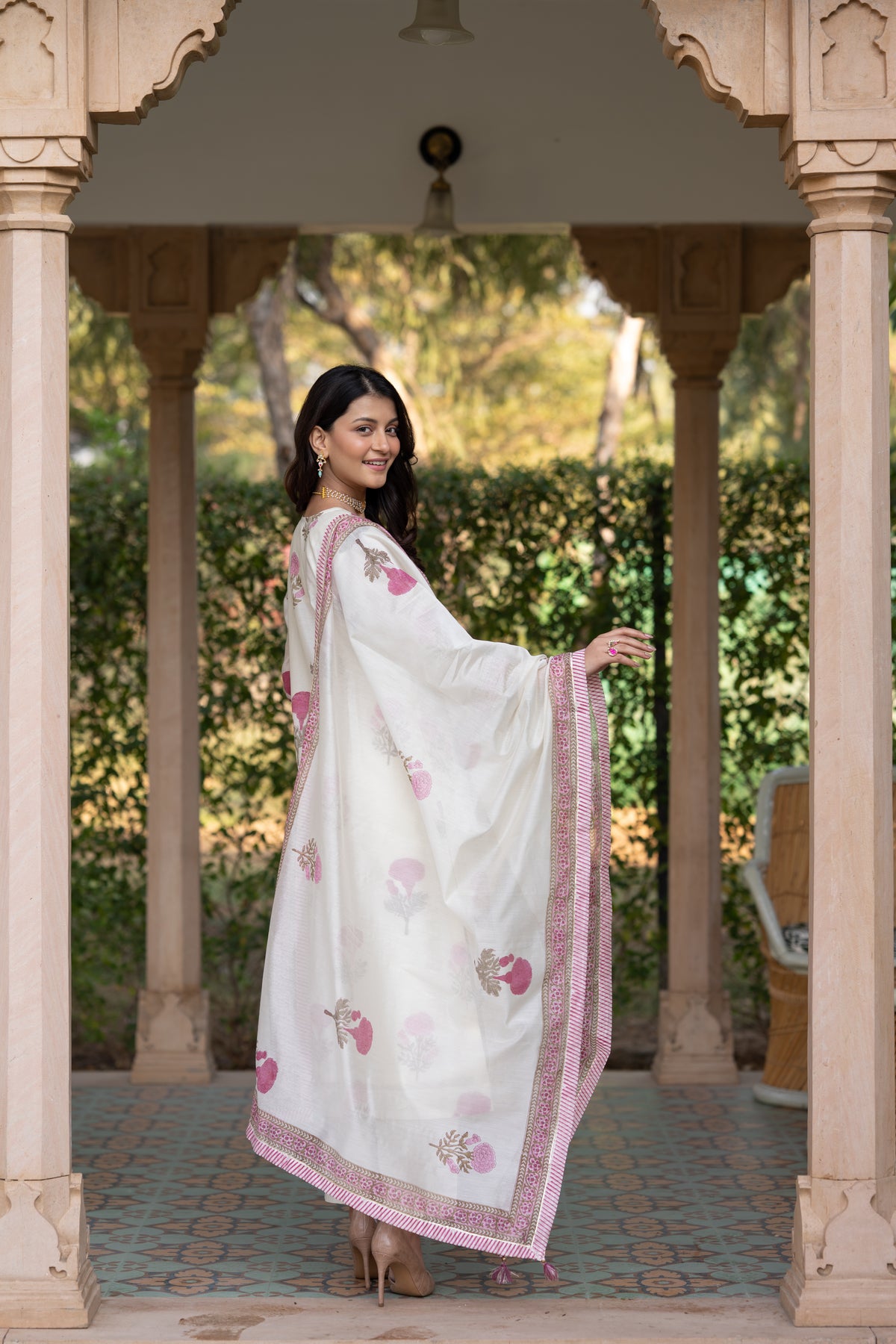 Off white with pink Mughal block print chanderi suit