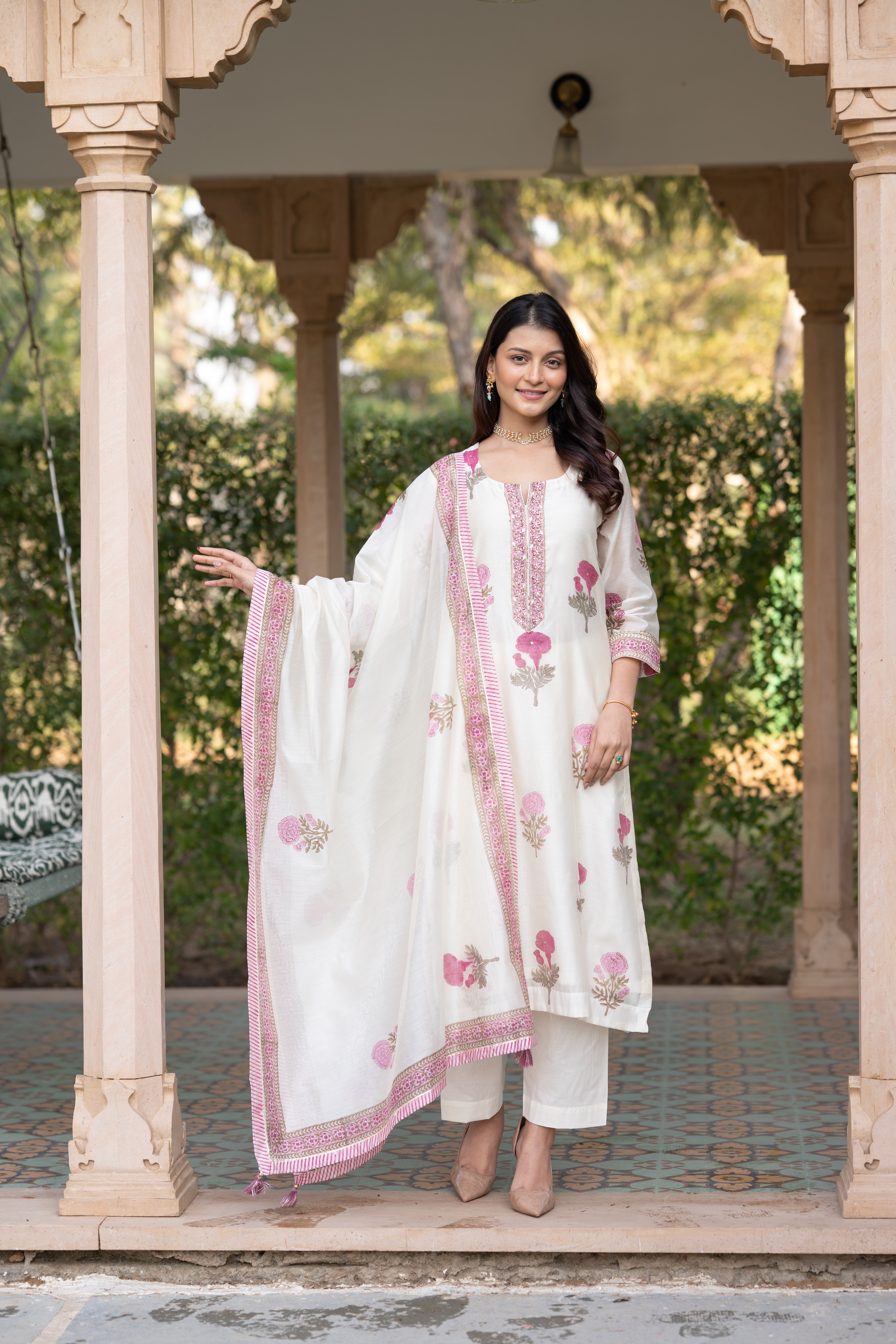 Off white with pink Mughal block print chanderi suit