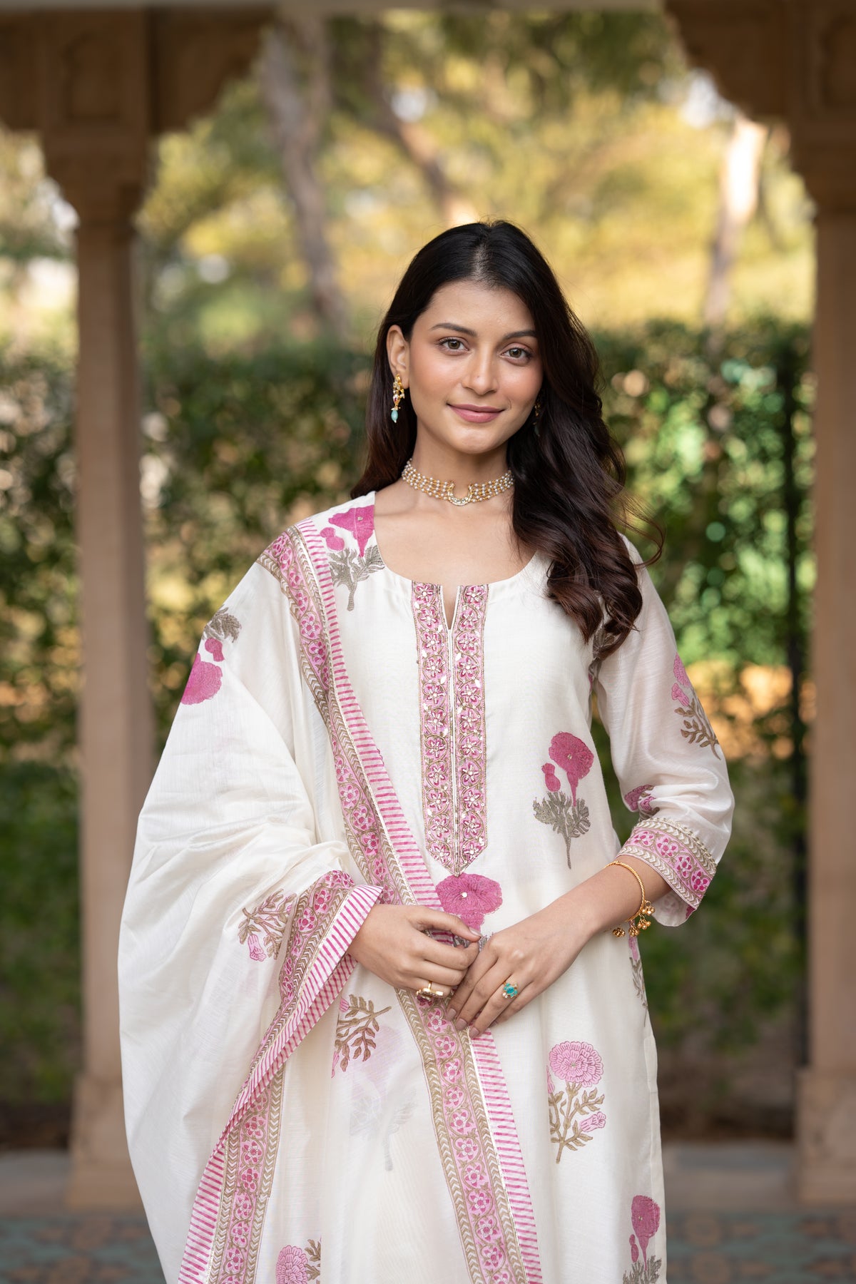 Off white with pink Mughal block print chanderi suit