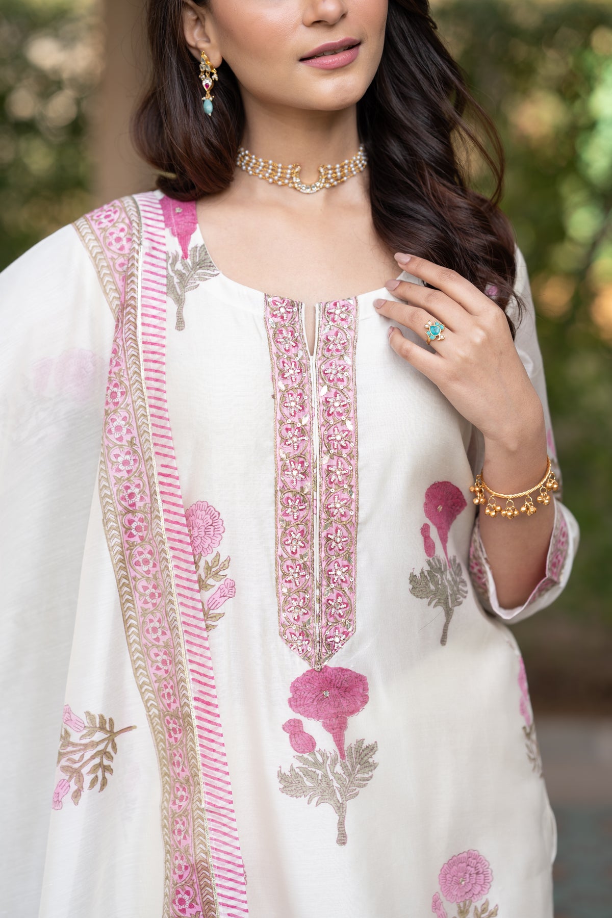 Off white with pink Mughal block print chanderi suit