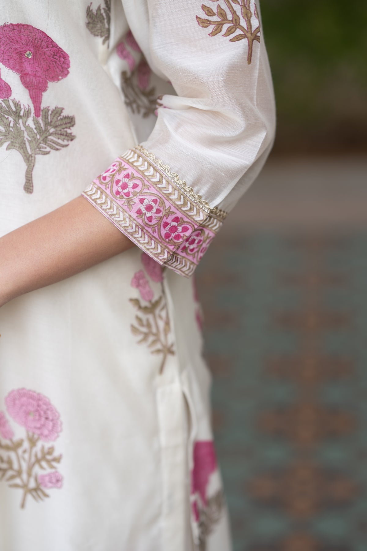 Off white with pink Mughal block print chanderi suit