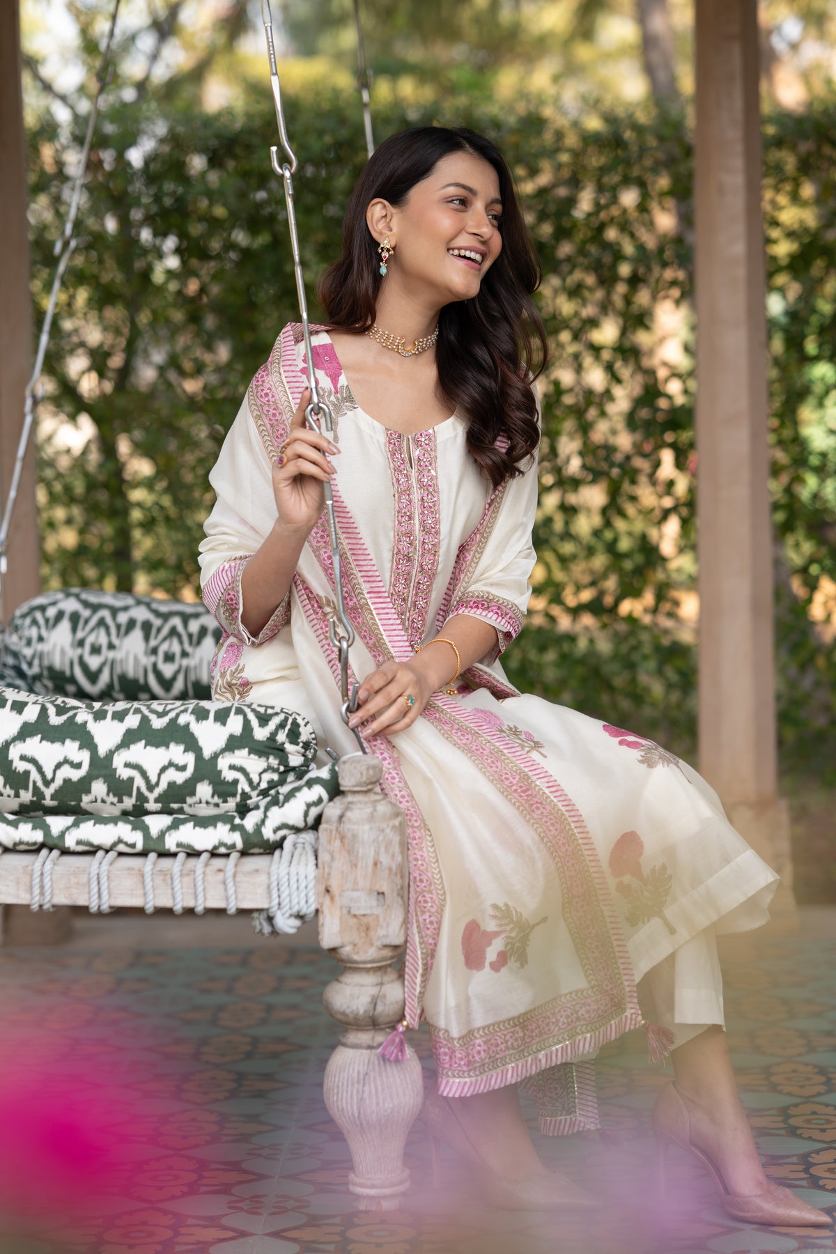 Off white with pink Mughal block print chanderi suit