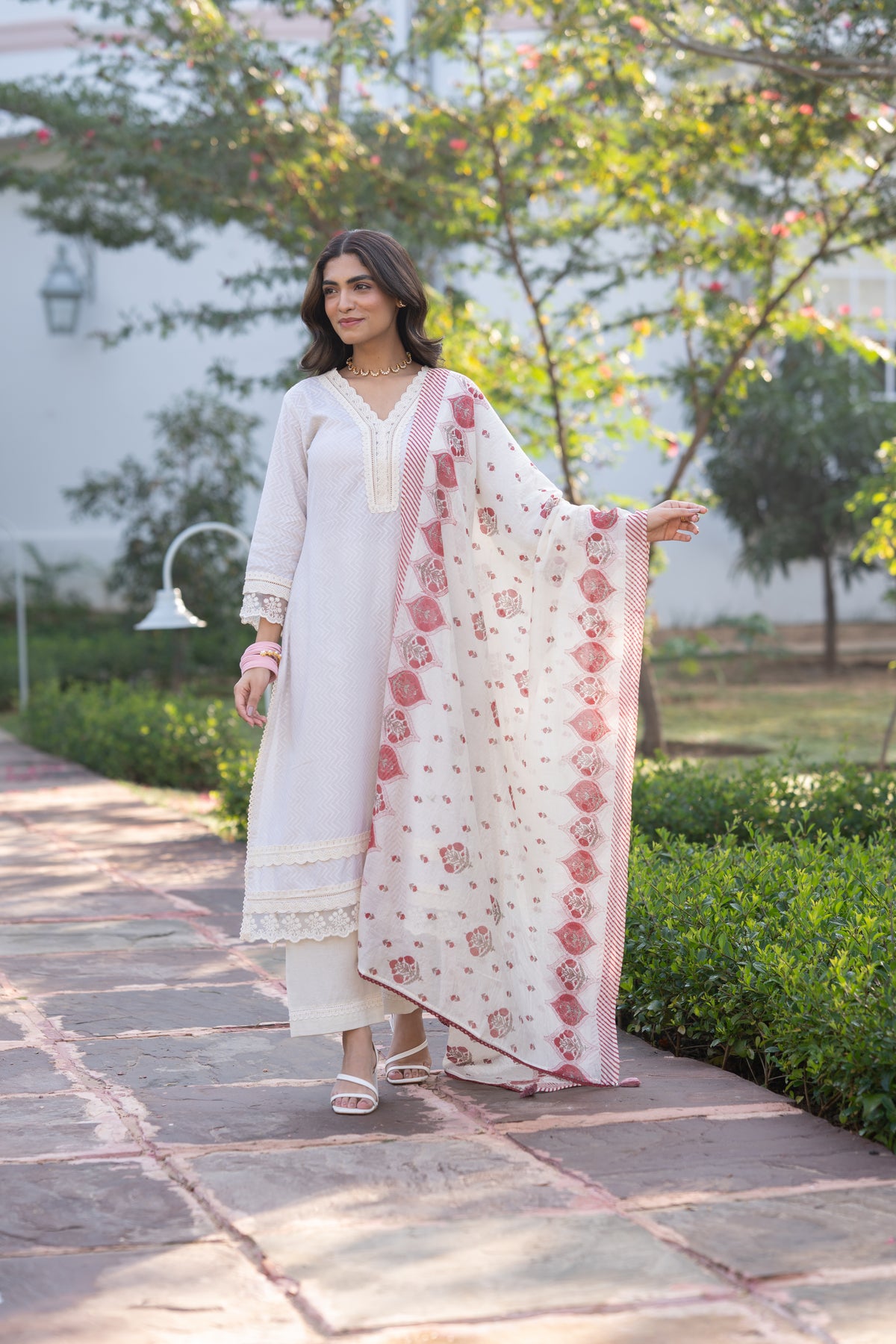 Cream Dobby Cotton with Lace and Red  Block Printed Dupatta Suit Set
