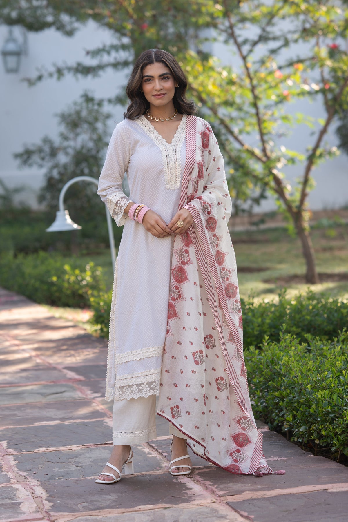 Cream Dobby Cotton with Lace and Red  Block Printed Dupatta Suit Set