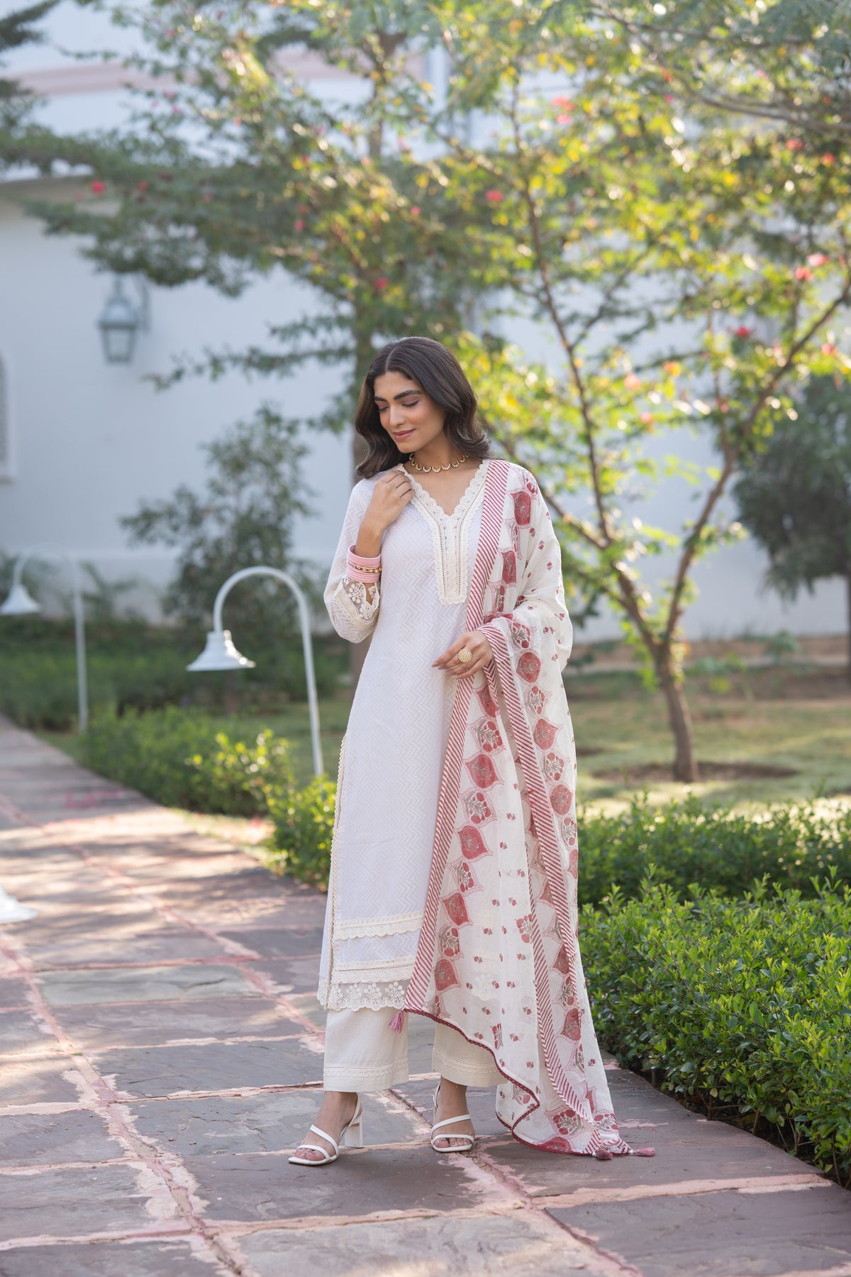 Cream Dobby Cotton with Lace and Red  Block Printed Dupatta Suit Set