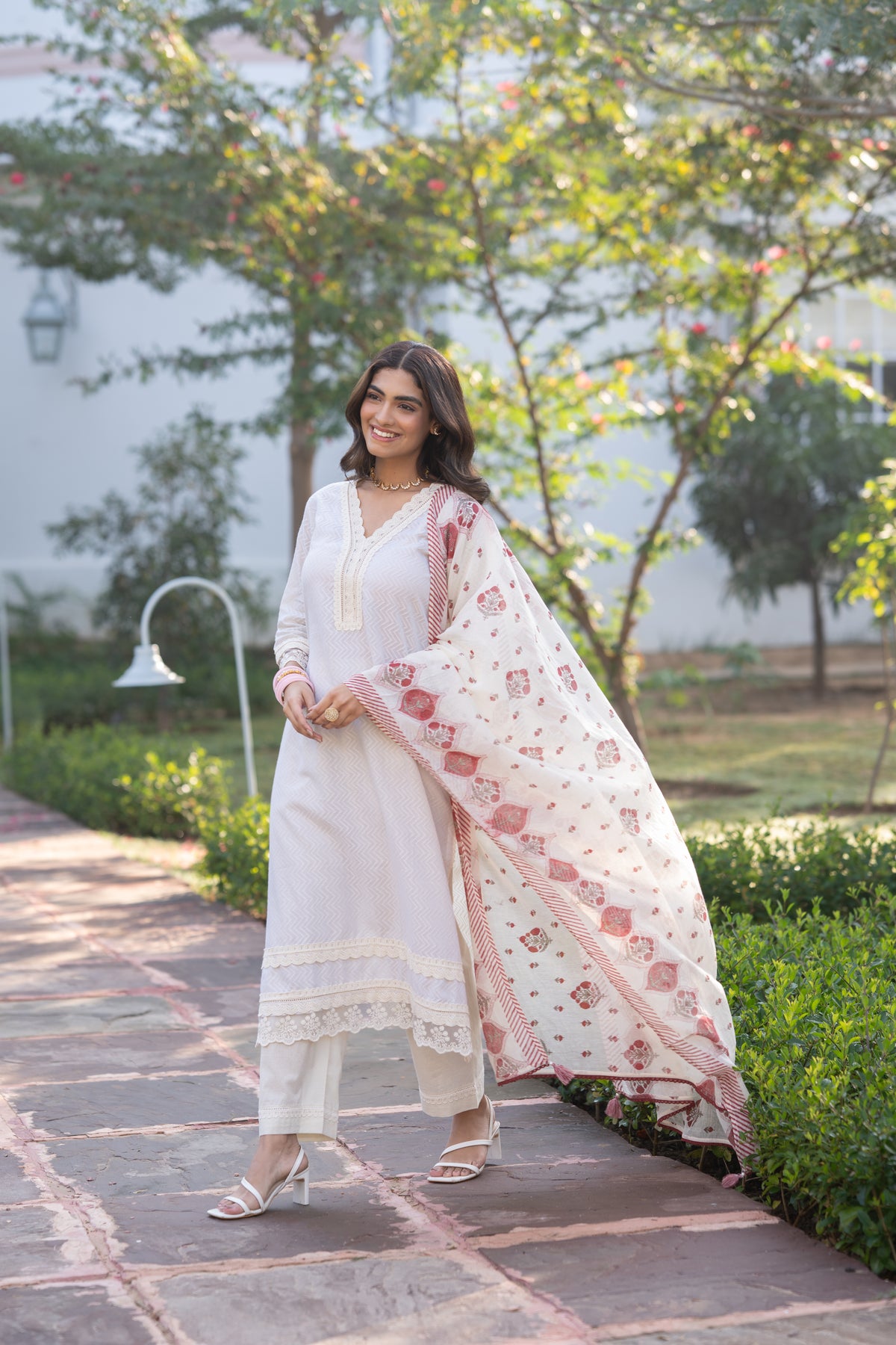 Cream Dobby Cotton with Lace and Red  Block Printed Dupatta Suit Set