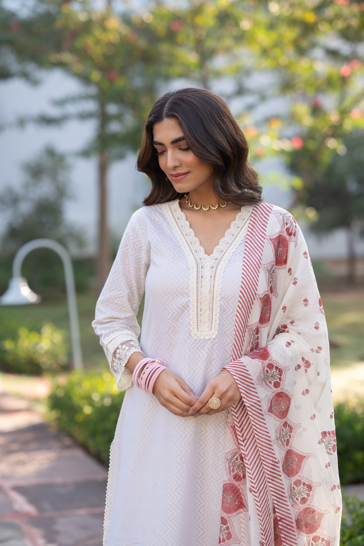Cream Dobby Cotton with Lace and Red  Block Printed Dupatta Suit Set