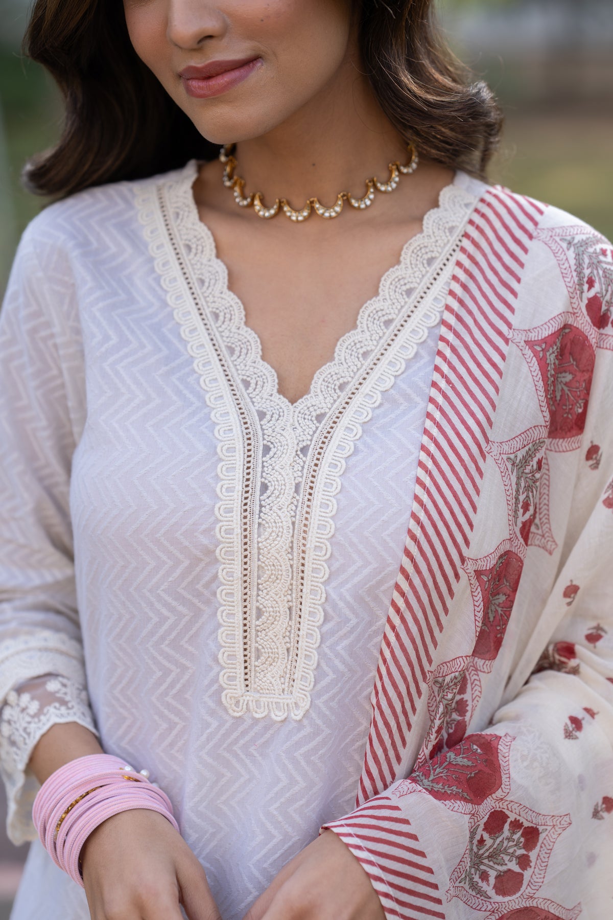 Cream Dobby Cotton with Lace and Red  Block Printed Dupatta Suit Set