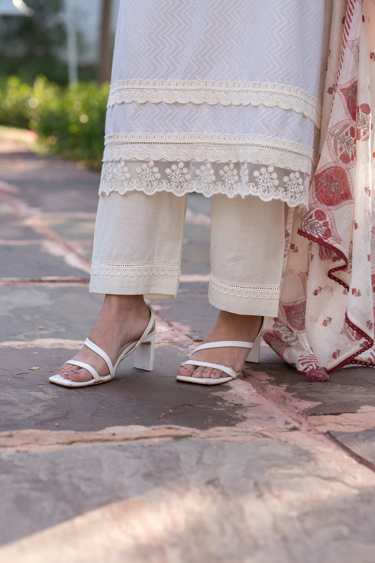Cream Dobby Cotton with Lace and Red  Block Printed Dupatta Suit Set