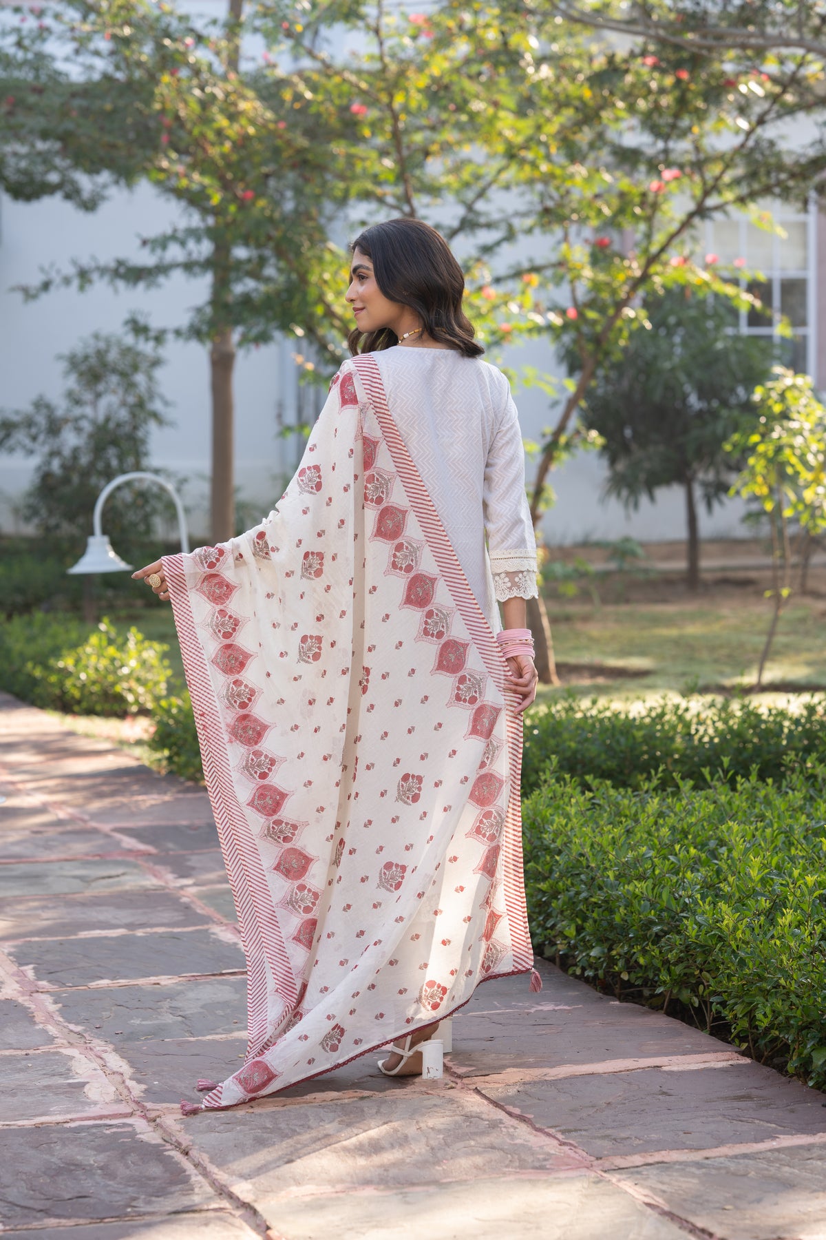 Cream Dobby Cotton with Lace and Red  Block Printed Dupatta Suit Set
