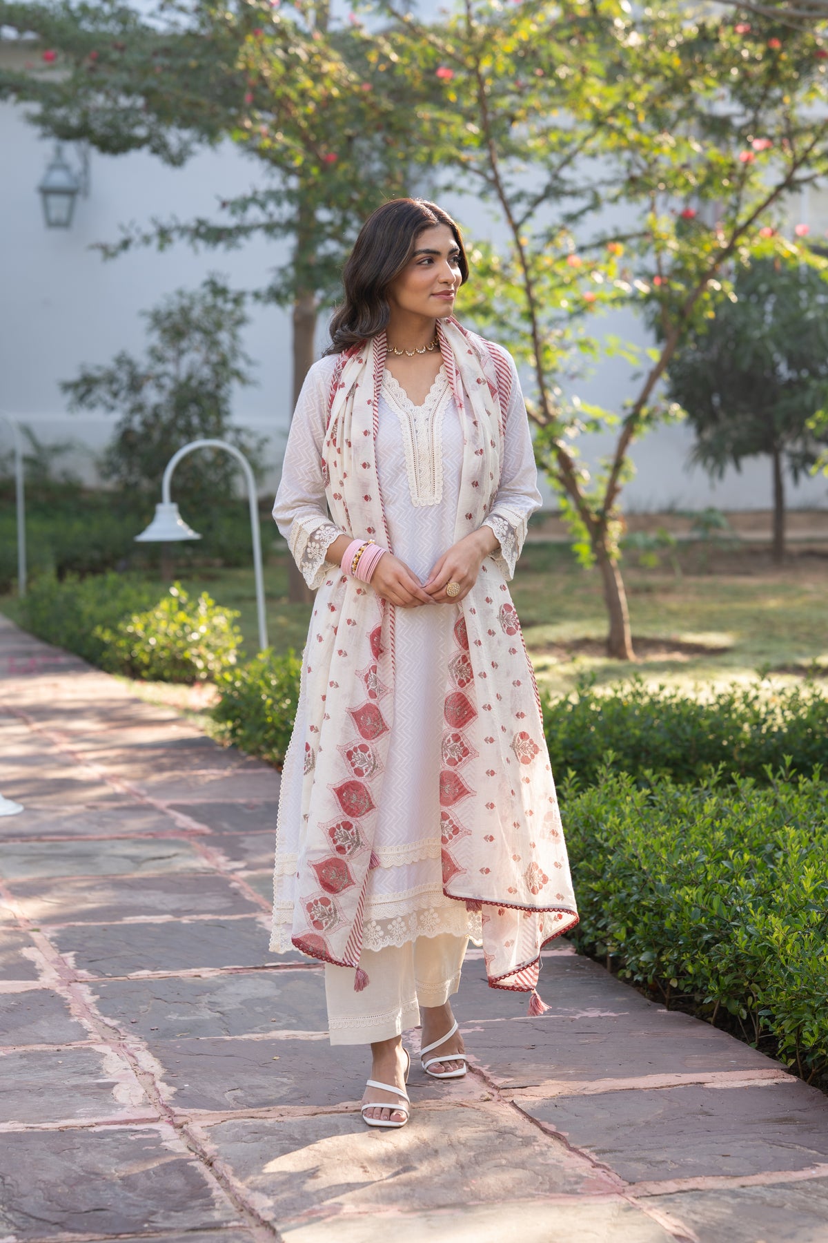 Cream Dobby Cotton with Lace and Red  Block Printed Dupatta Suit Set