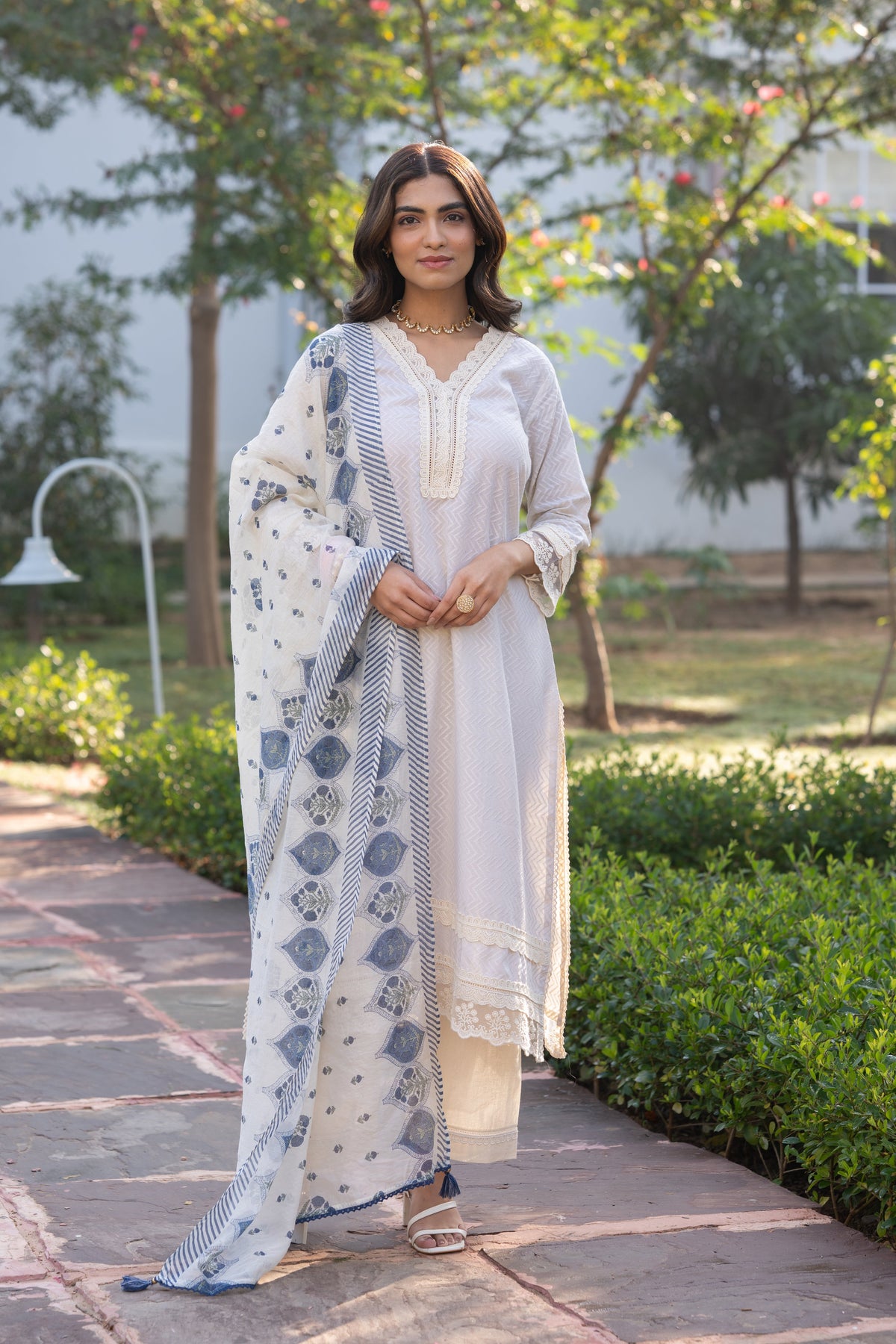 Cream Dobby Cotton with Lace and Blue Block Printed Dupatta Suit Set