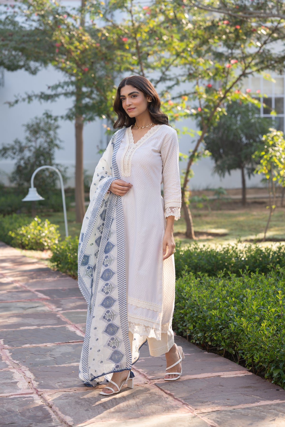 Cream Dobby Cotton with Lace and Blue Block Printed Dupatta Suit Set