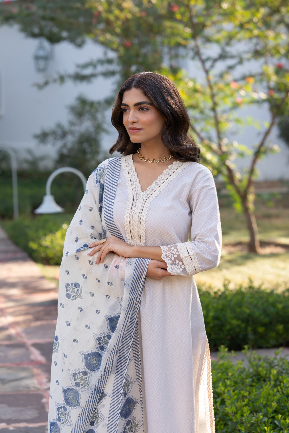Cream Dobby Cotton with Lace and Blue Block Printed Dupatta Suit Set