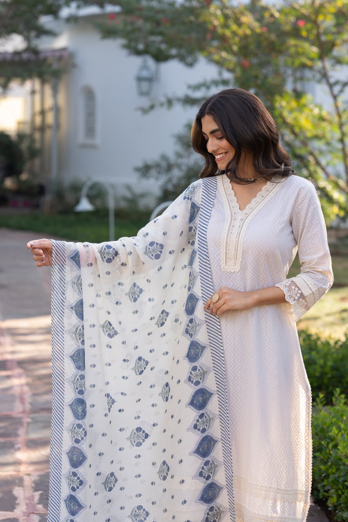 Cream Dobby Cotton with Lace and Blue Block Printed Dupatta Suit Set