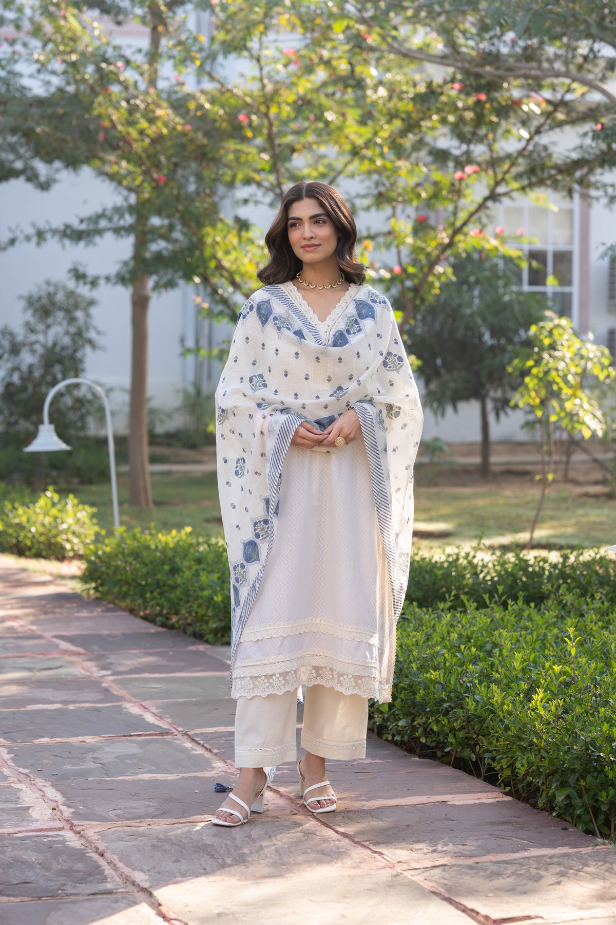 Cream Dobby Cotton with Lace and Blue Block Printed Dupatta Suit Set