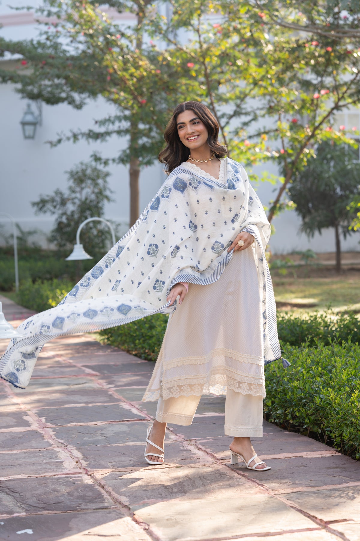Cream Dobby Cotton with Lace and Blue Block Printed Dupatta Suit Set