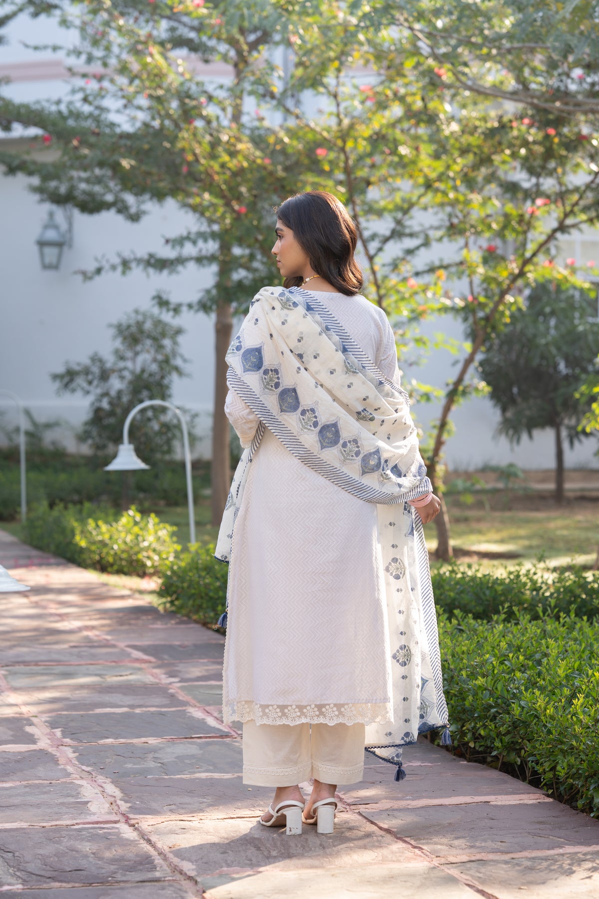 Cream Dobby Cotton with Lace and Blue Block Printed Dupatta Suit Set