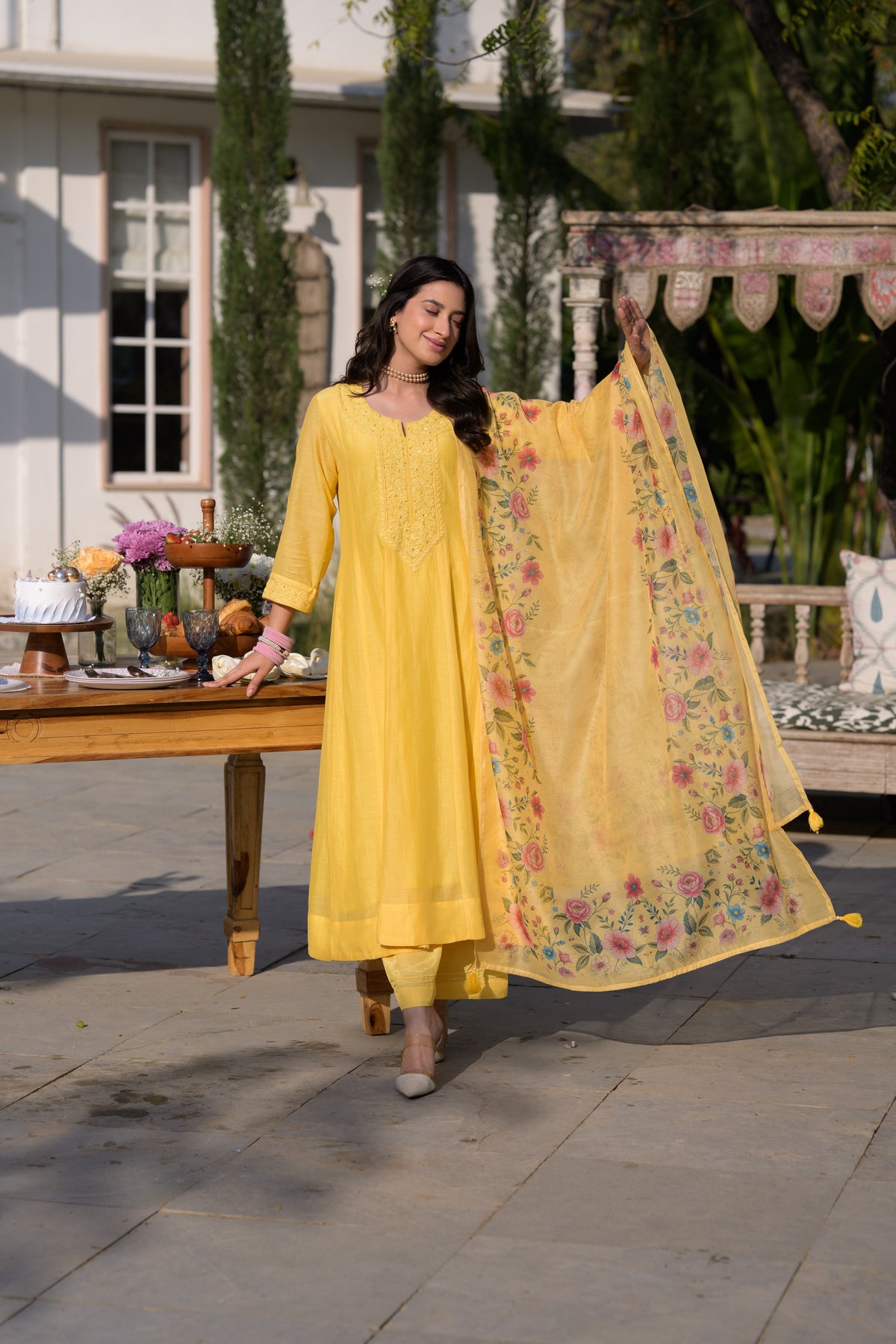Butter Yellow Lucknowi Work Mul Chanderi Anarkali Suit Set