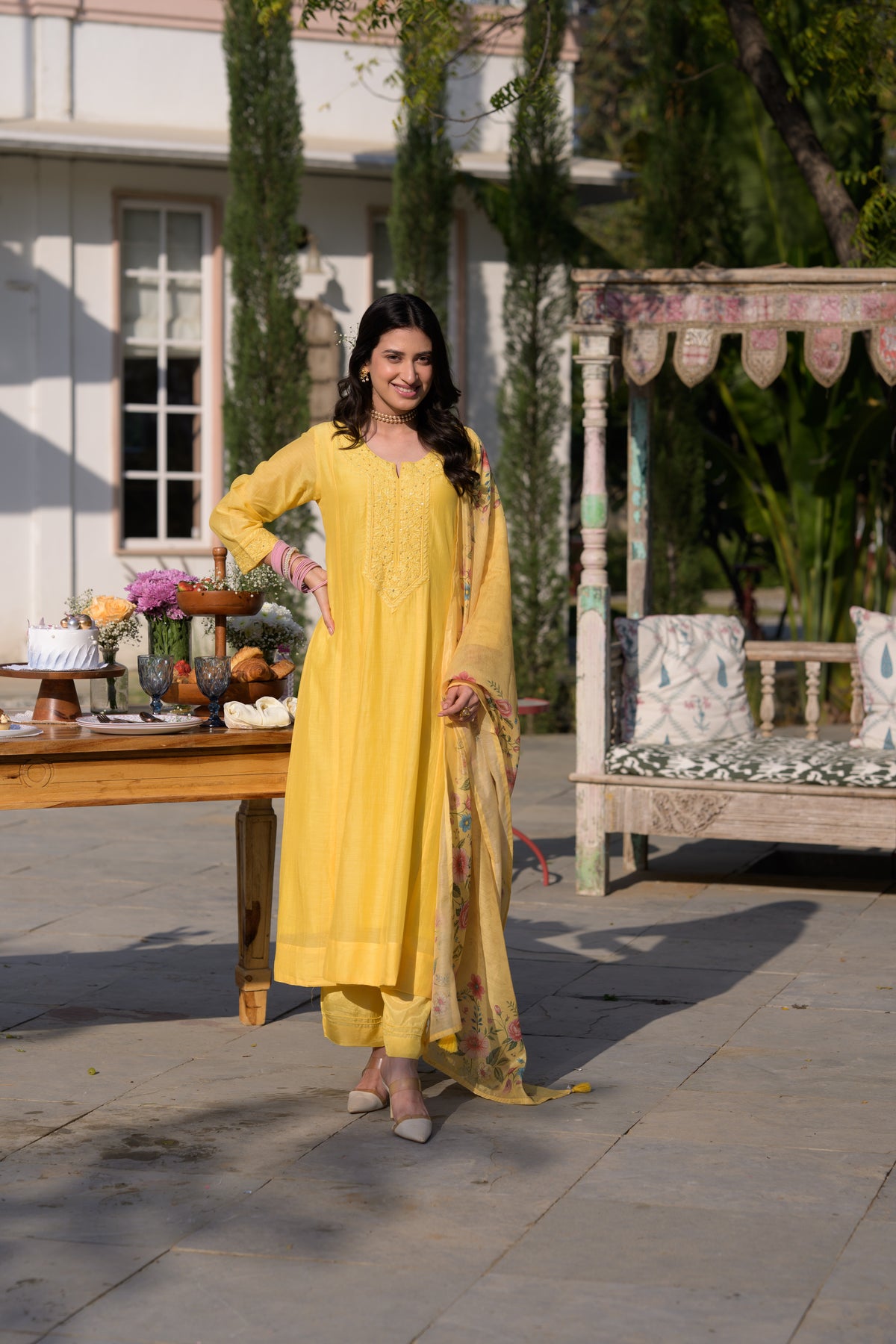 Butter Yellow Lucknowi Work Mul Chanderi Anarkali Suit Set