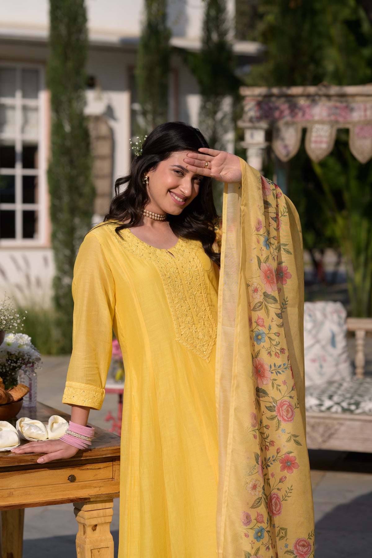 Butter Yellow Lucknowi Work Mul Chanderi Anarkali Suit Set