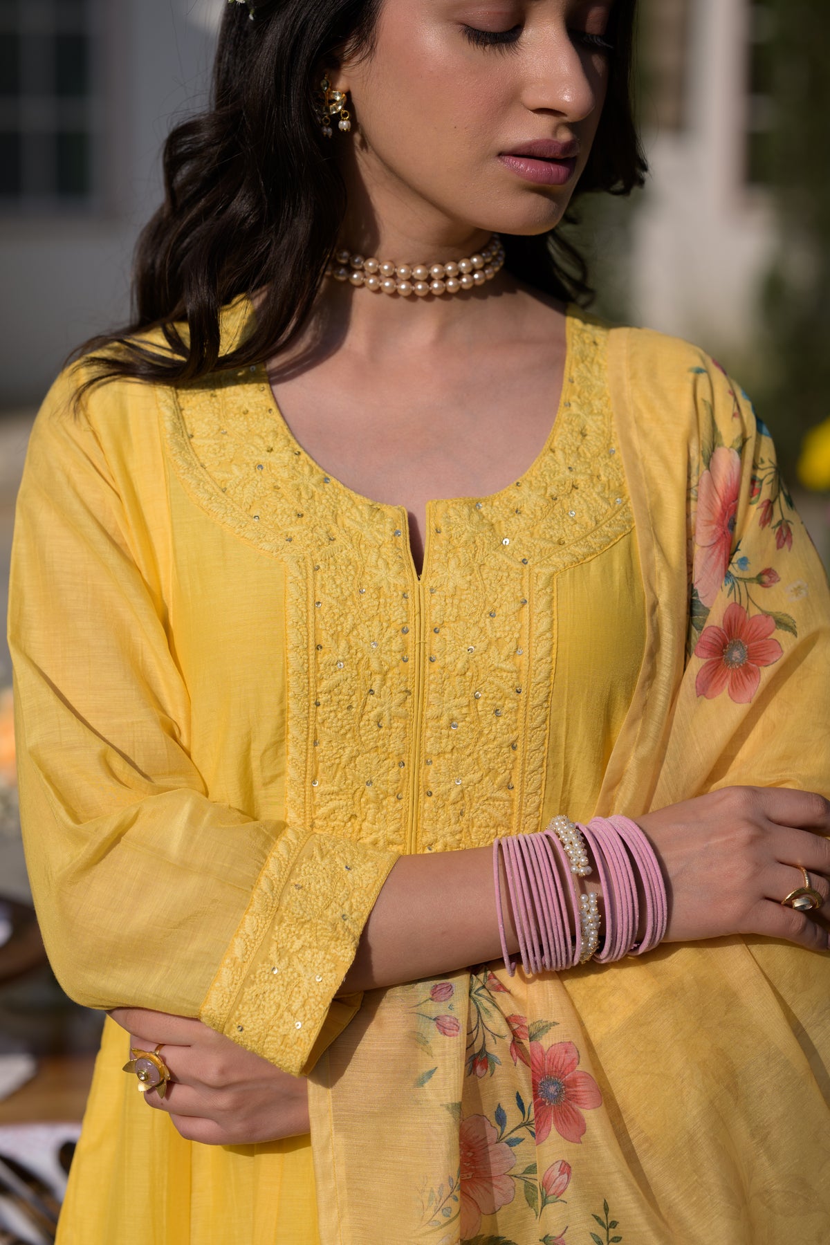 Butter Yellow Lucknowi Work Mul Chanderi Anarkali Suit Set