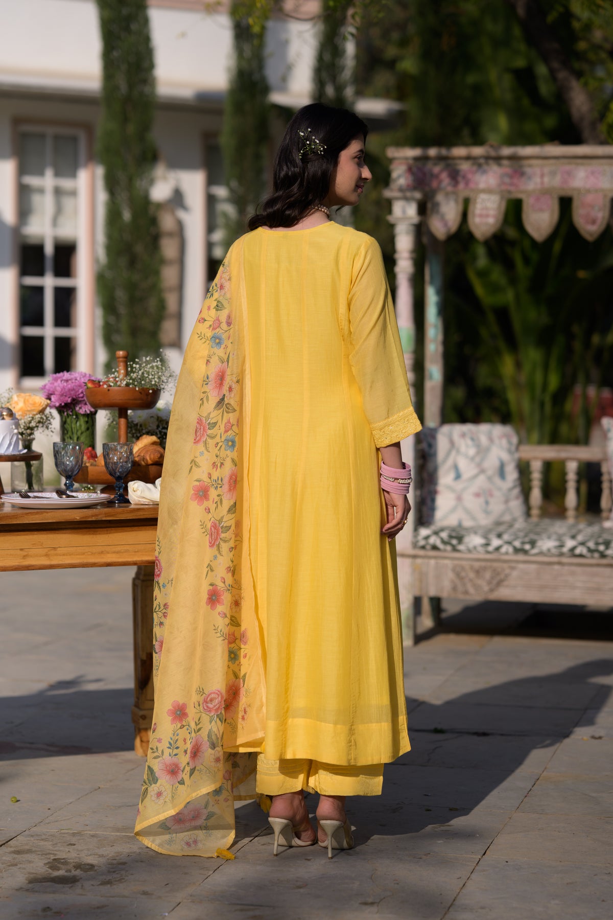 Butter Yellow Lucknowi Work Mul Chanderi Anarkali Suit Set