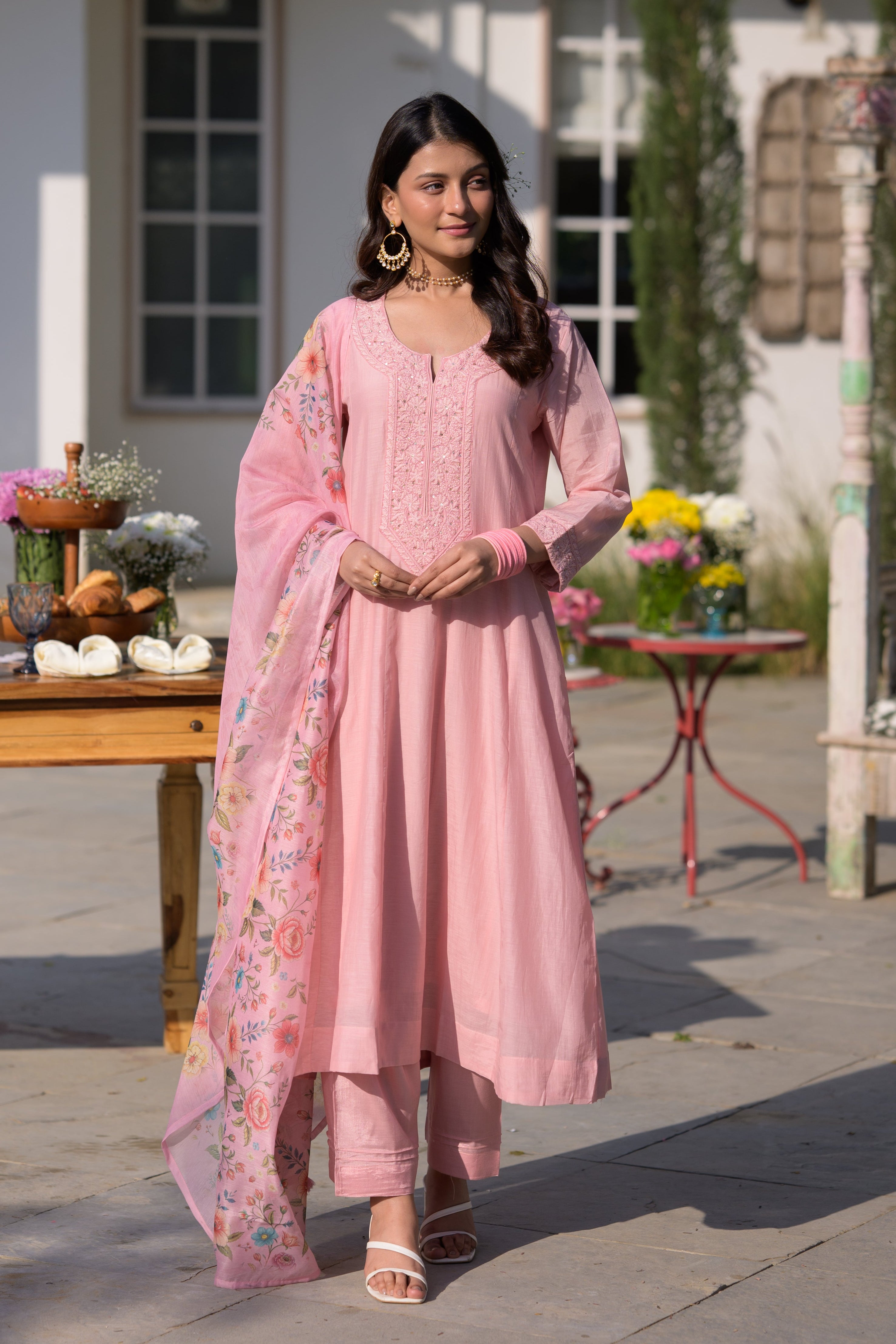 Blush Pink Lucknowi Work Mul Chanderi Anarkali Suit Set