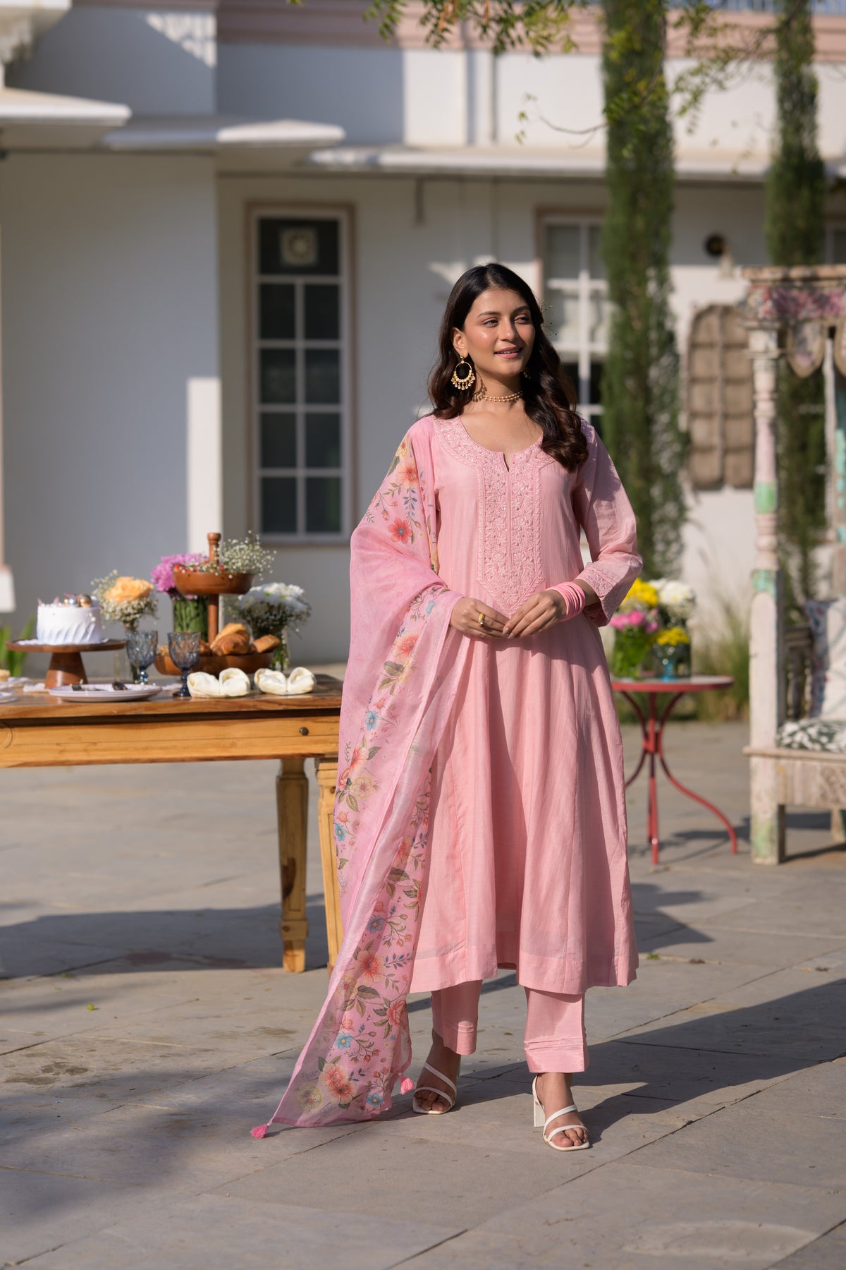 Blush Pink Lucknowi Work Mul Chanderi Anarkali Suit Set