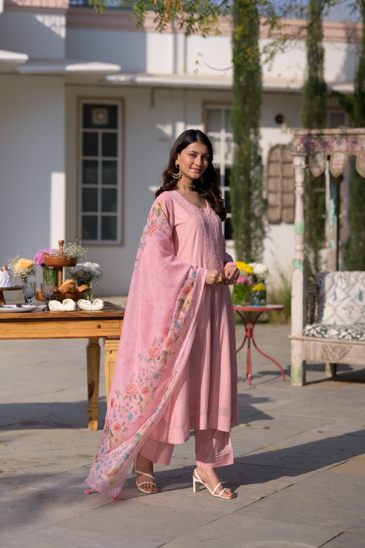 Blush Pink Lucknowi Work Mul Chanderi Anarkali Suit Set