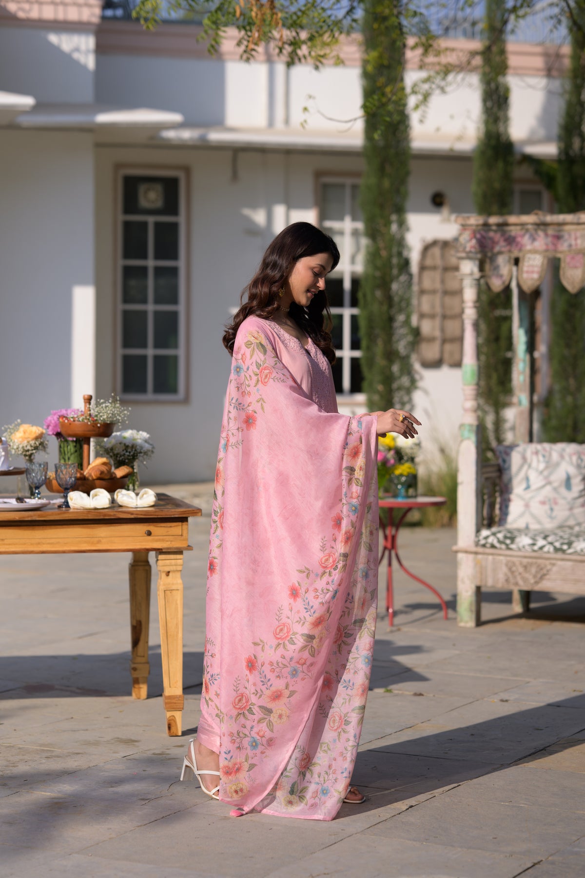 Blush Pink Lucknowi Work Mul Chanderi Anarkali Suit Set
