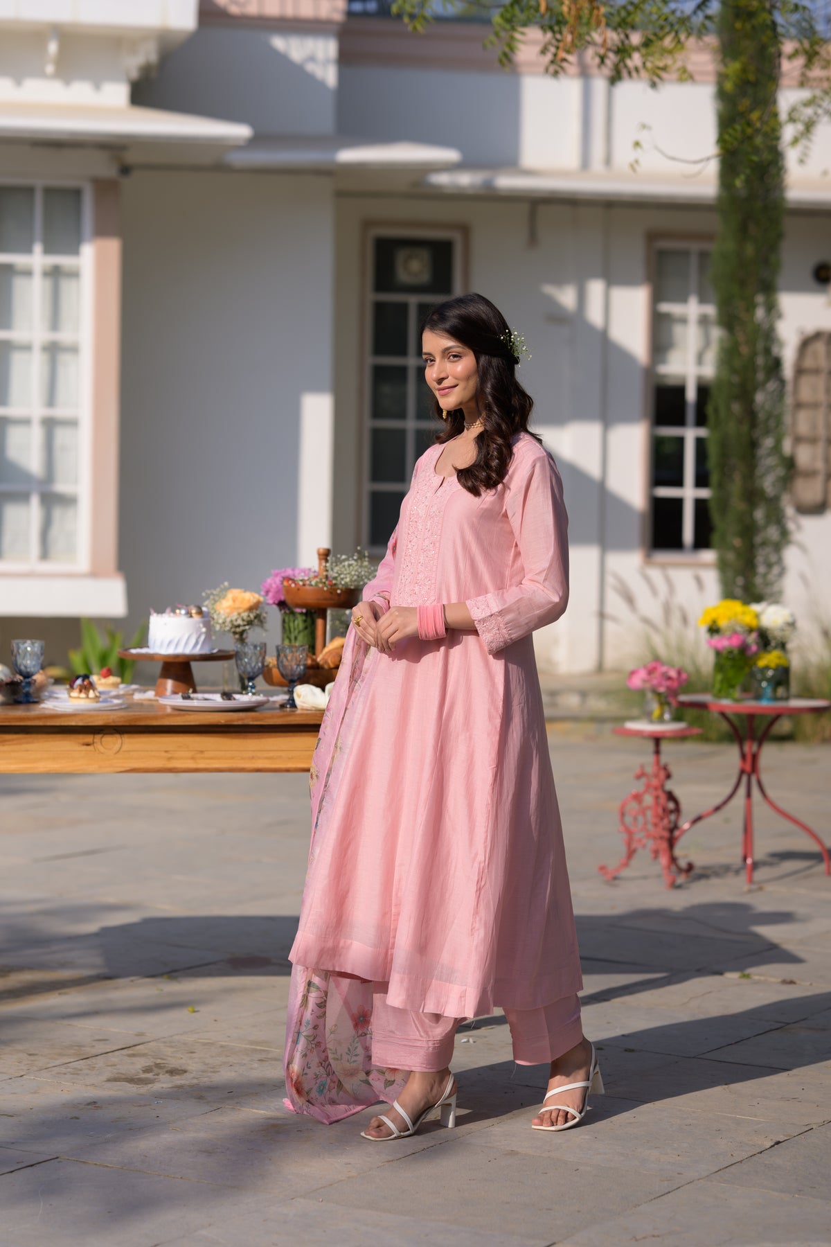 Blush Pink Lucknowi Work Mul Chanderi Anarkali Suit Set