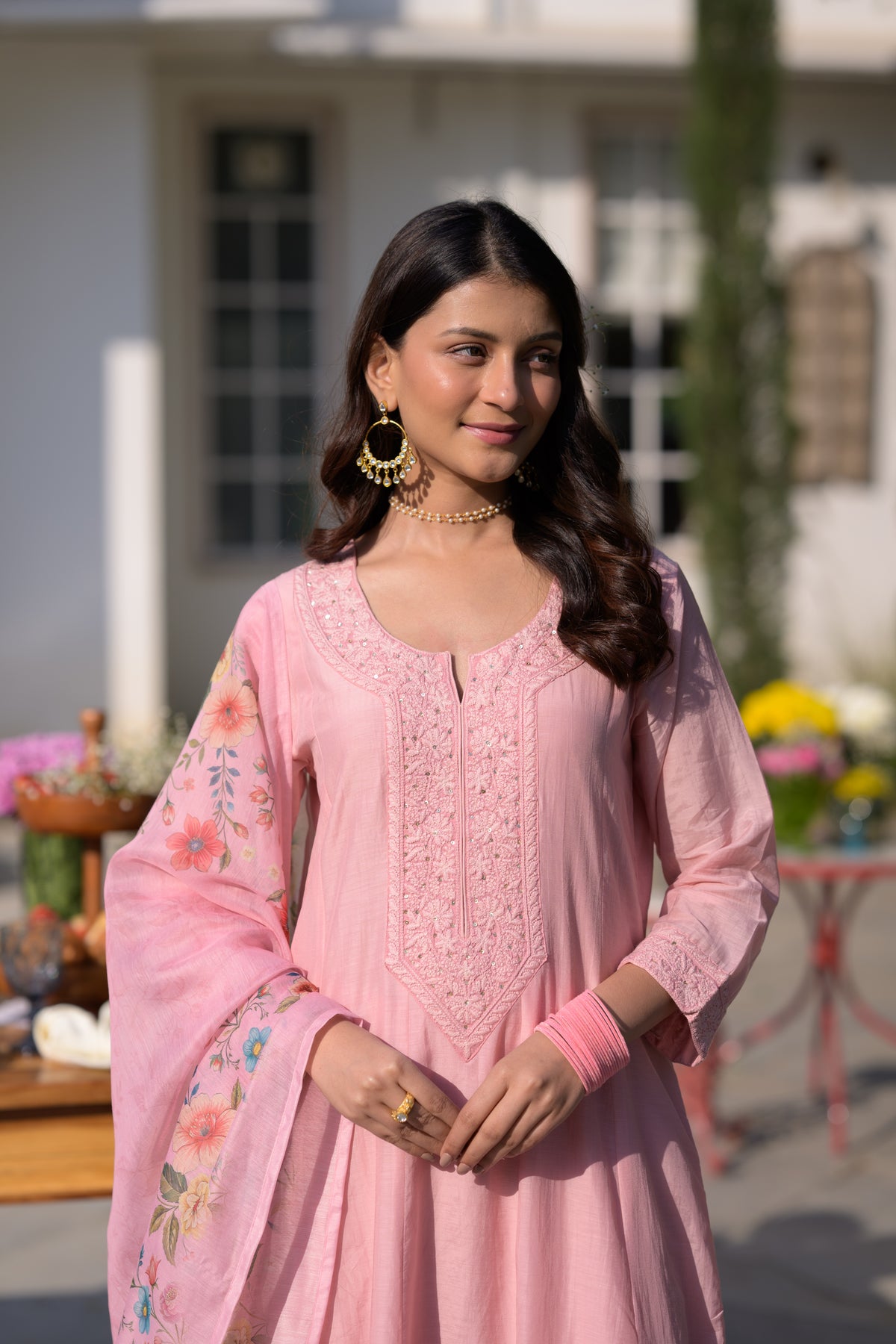 Blush Pink Lucknowi Work Mul Chanderi Anarkali Suit Set