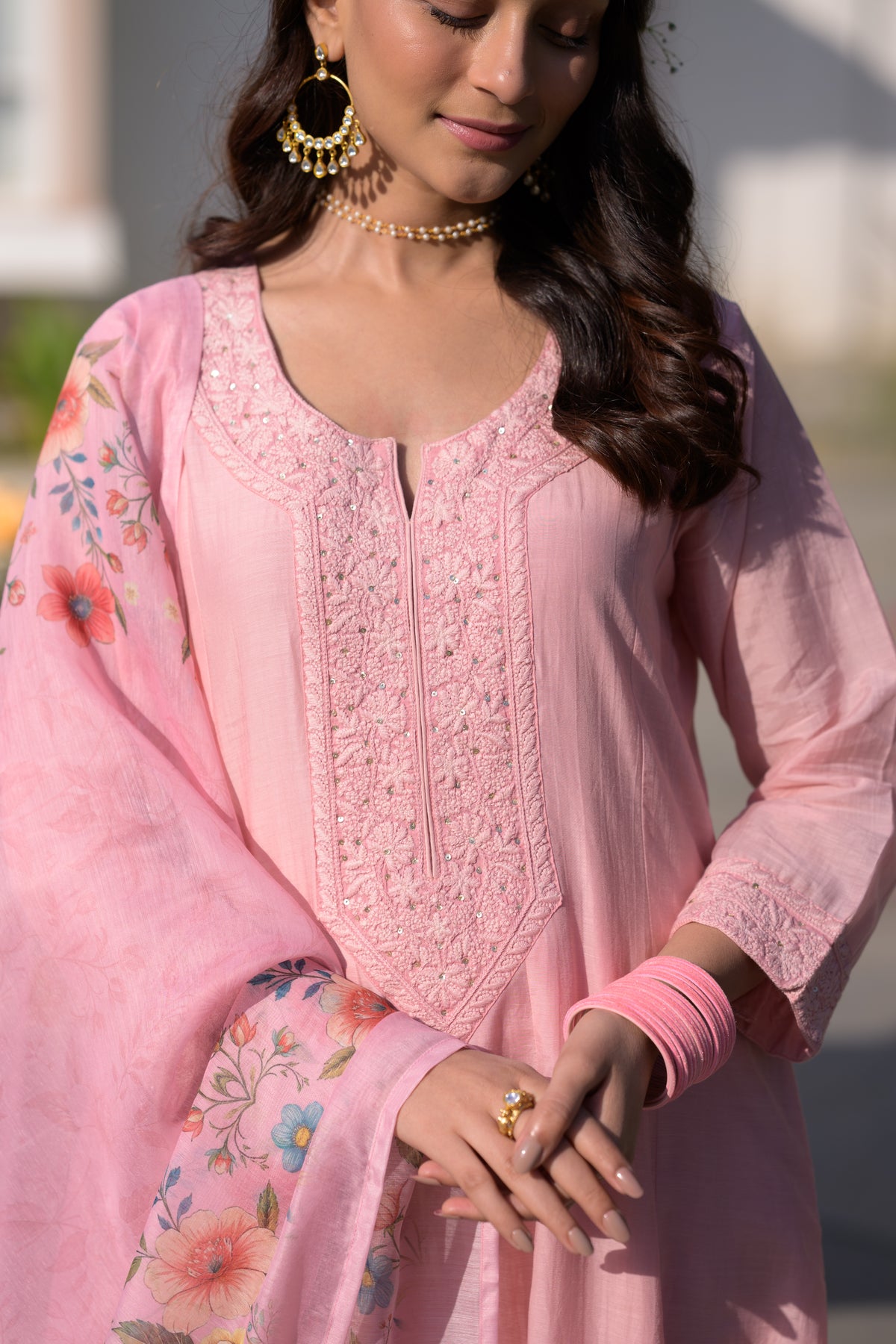 Blush Pink Lucknowi Work Mul Chanderi Anarkali Suit Set