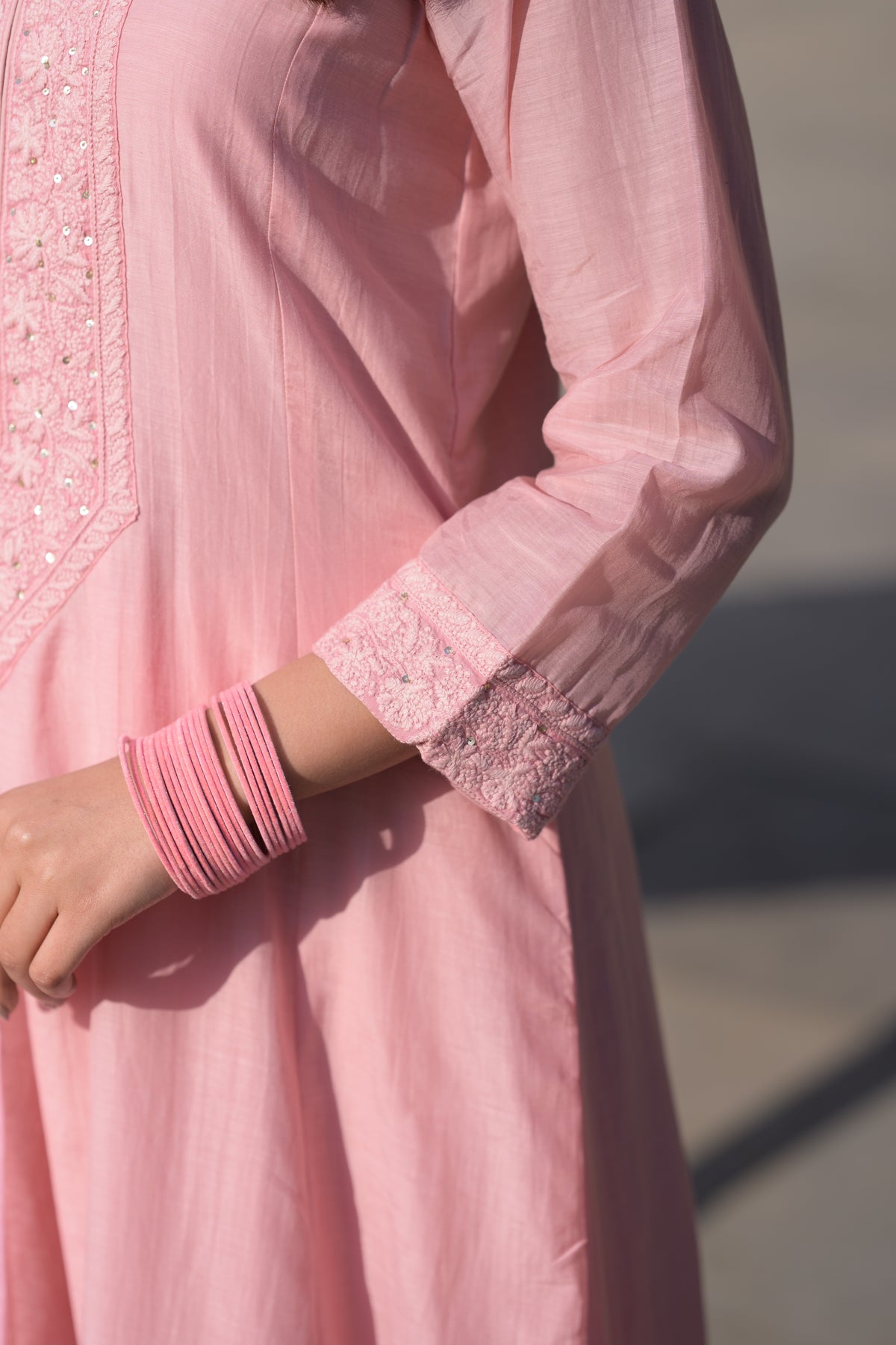 Blush Pink Lucknowi Work Mul Chanderi Anarkali Suit Set